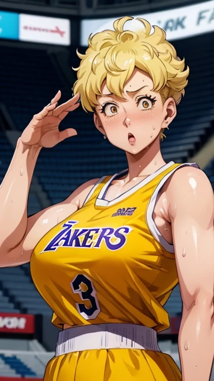 a close-up of a person wearing a basketball uniform, a photo, inspired by Kentaro Miura, trend on pixiv, panchy , Bleach, wearing a yellow nba jersey, yellow nba jersey, wearing a low-cut crop top, wearing a short blouse, croptop,  "Lakers" written on the croptop, Golden ray, (blinking), shirobako, big, favorite dinner, fine details. anime. peles, sweating, Seios bigs, both hands raised, armpits, armpits visible, dripping with sweat, more more sweat, sweaty armpits, hard nipples.