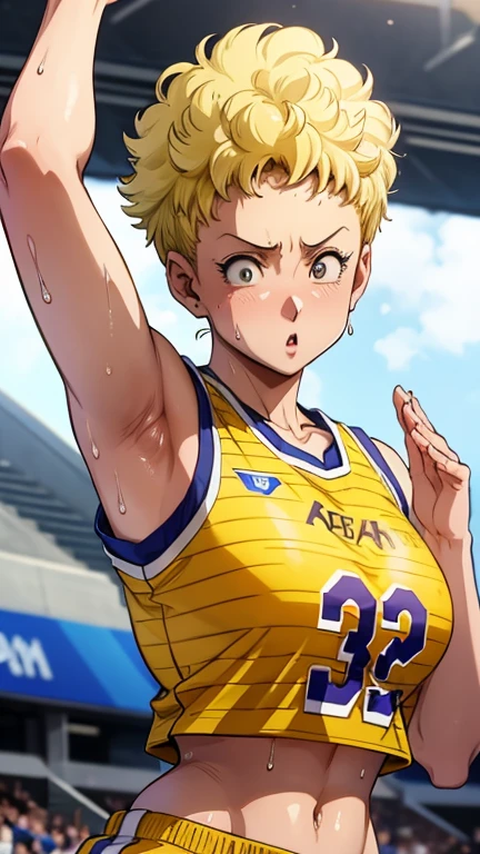 a close-up of a person wearing a basketball uniform, a photo, inspired by Kentaro Miura, trend on pixiv, panchy , Bleach, wearing a yellow nba jersey, yellow nba jersey, wearing a low-cut crop top, wearing a short blouse, croptop,  "Lakers" written on the croptop, Golden ray, (blinking), shirobako, big, favorite dinner, fine details. anime. peles, sweating, Seios bigs, both hands raised, armpits, armpits visible, dripping with sweat, more more sweat, sweaty armpits, hard nipples.