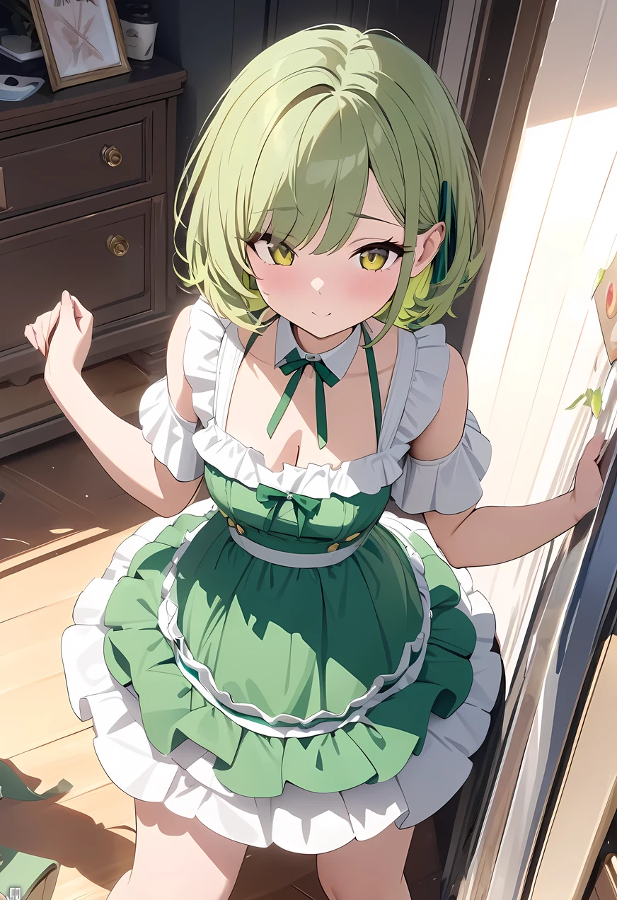 ((masterpiece)), (super detail:1.2), high quality, best quality, highres, 8k, cute, Yellow-green hair, short length hair, Ruffled dress with ribbon, pop, 1 girl