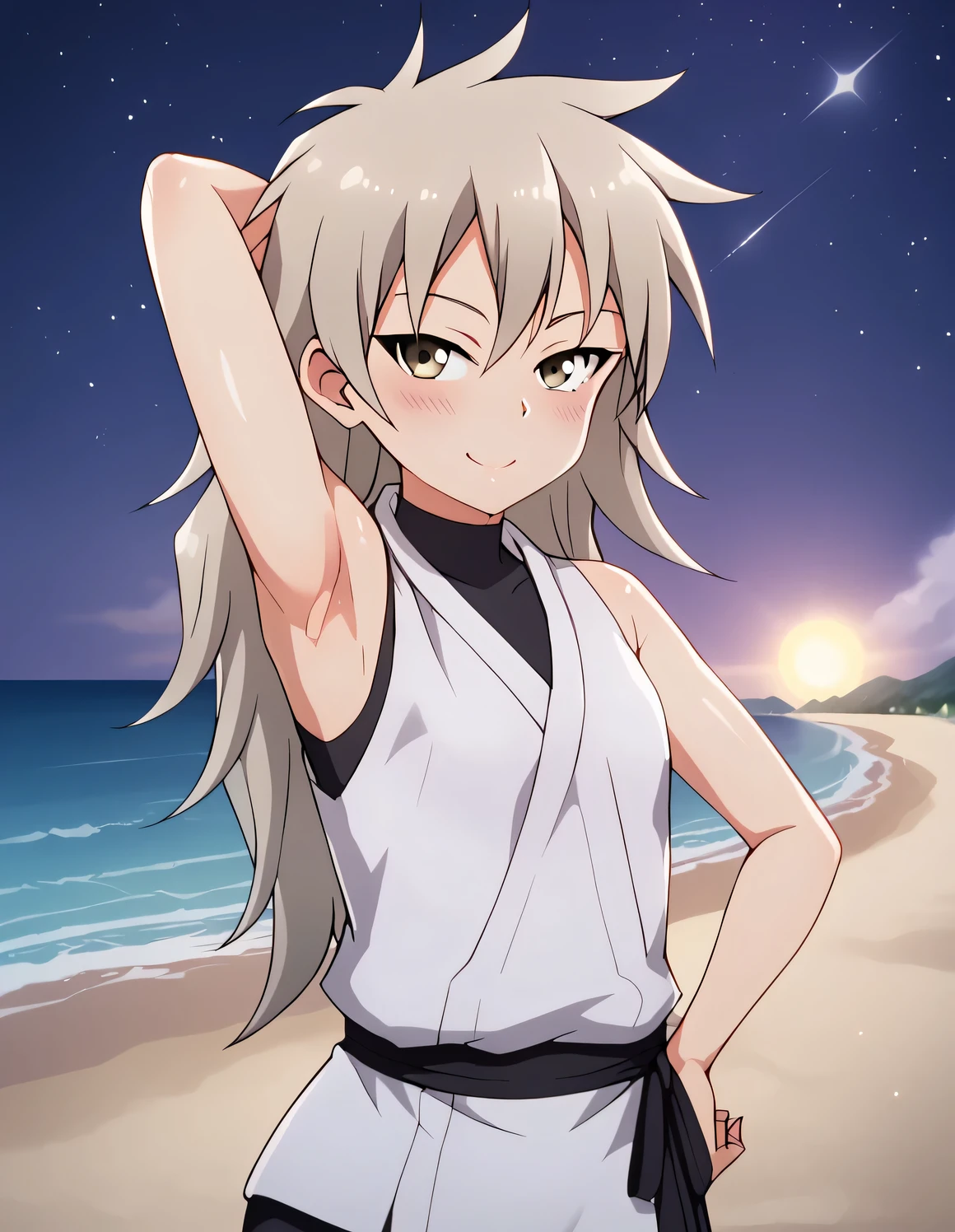 Oniyuri, shiny skin, high quality, solo, shy, blushing, solo, night sky, beach, arm behind head, hand on hip, {contrapposto}, closed mouth, spread armpits, cowboy shot, looking at viewer, smile, best quality