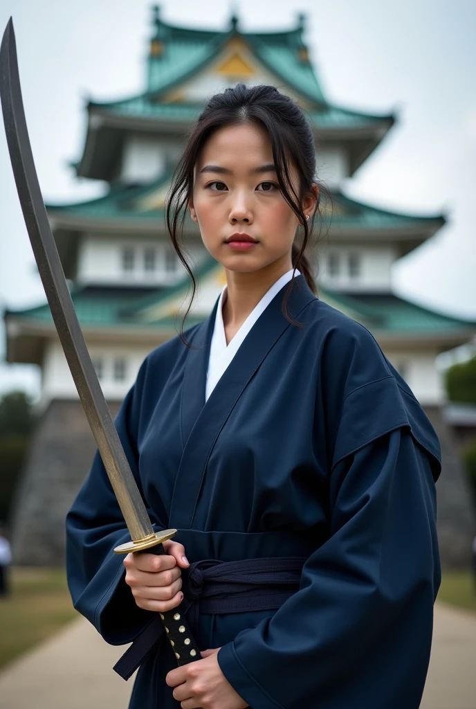 Minami Hamabe in her kendo uniform、Japanese sword、Navy blue uniform、Hold the handle of the sword with one hand、Minami Hamabe in her kendo uniform、Japanese sword、White Bura、White bra、Fight、Hold the handle of the sword with one hand　Osaka Castle　inflammation　photograph　ID photo　Japanese sword