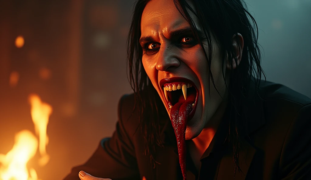 Photorealism realistic dark room table old scary male black appearance long hair holding glass of blood window low light effect blood effect big eyes fang teeth scar on face dramatic effect smoke effect on head satanic poster at wall
