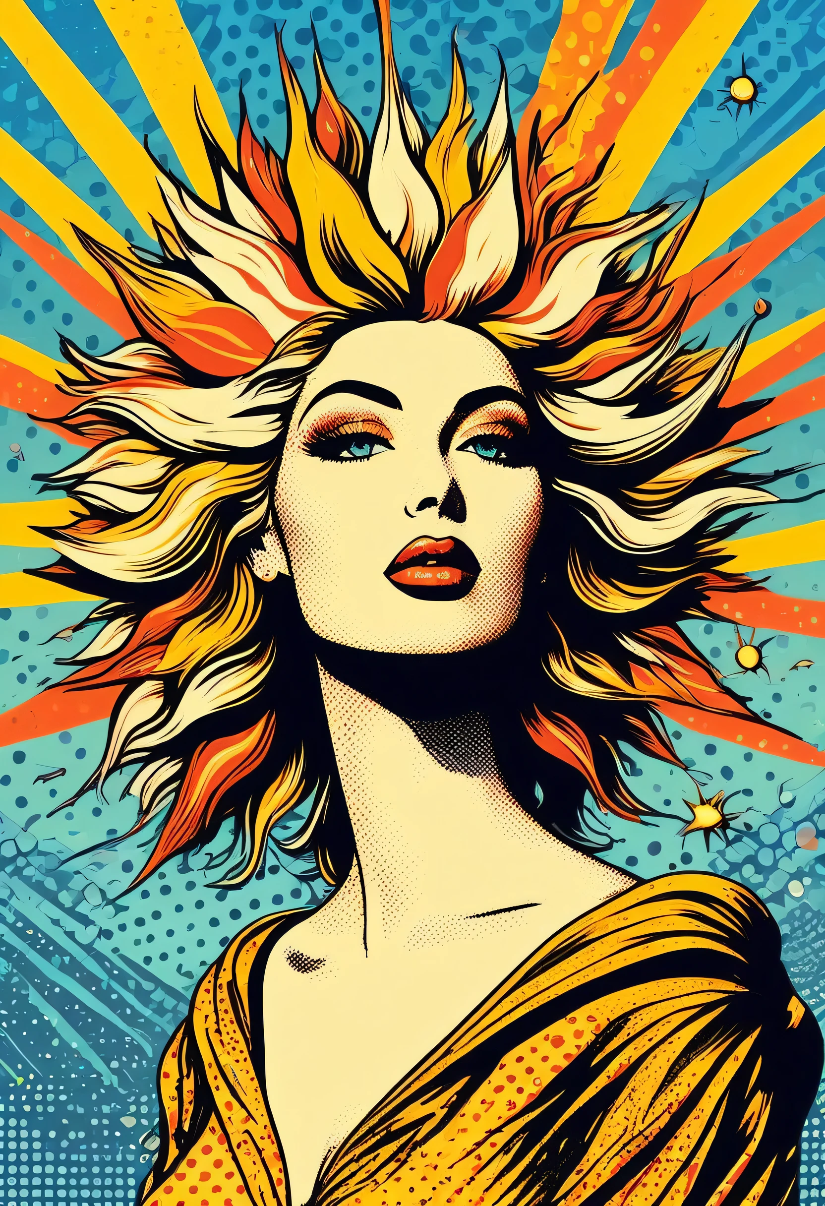 panoramic, whole body, ((The most beautiful woman in the world loved by the sun)), Surrealism, The absurdity of kindness, Attraction and rejection of chaotic appearances, The art of simple magic, primitivism, Protogen, , ((Best Quality, masterpiece)), ((More detailed)), (impression:1.2), 8k, pop art style