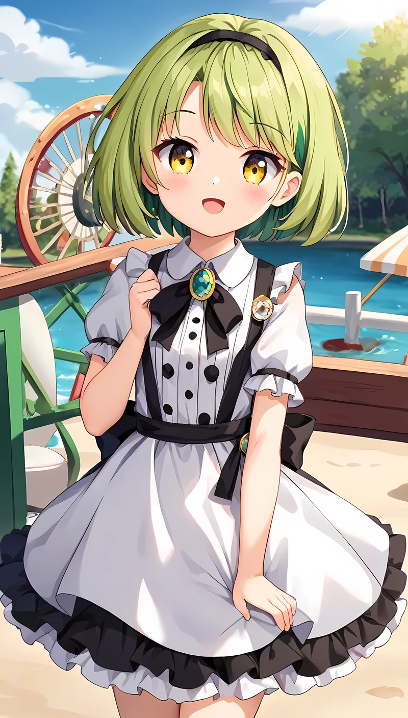 ((masterpiece)), (super detail:1.2), high quality, best quality, highres, 8k, cute, Yellow-green hair, short length hair, Ruffled dress with ribbon, pop, 1 girl