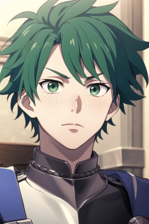 masterpiece, best quality, , 1boy, solo, male focus, looking at viewer, , , izuku_midoriya, green hair, round green eyes, freckles,