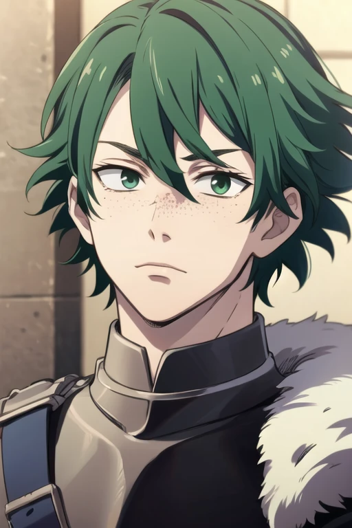 masterpiece, best quality, , 1boy, solo, male focus, looking at viewer, , , izuku_midoriya, green hair, round green eyes, freckles,