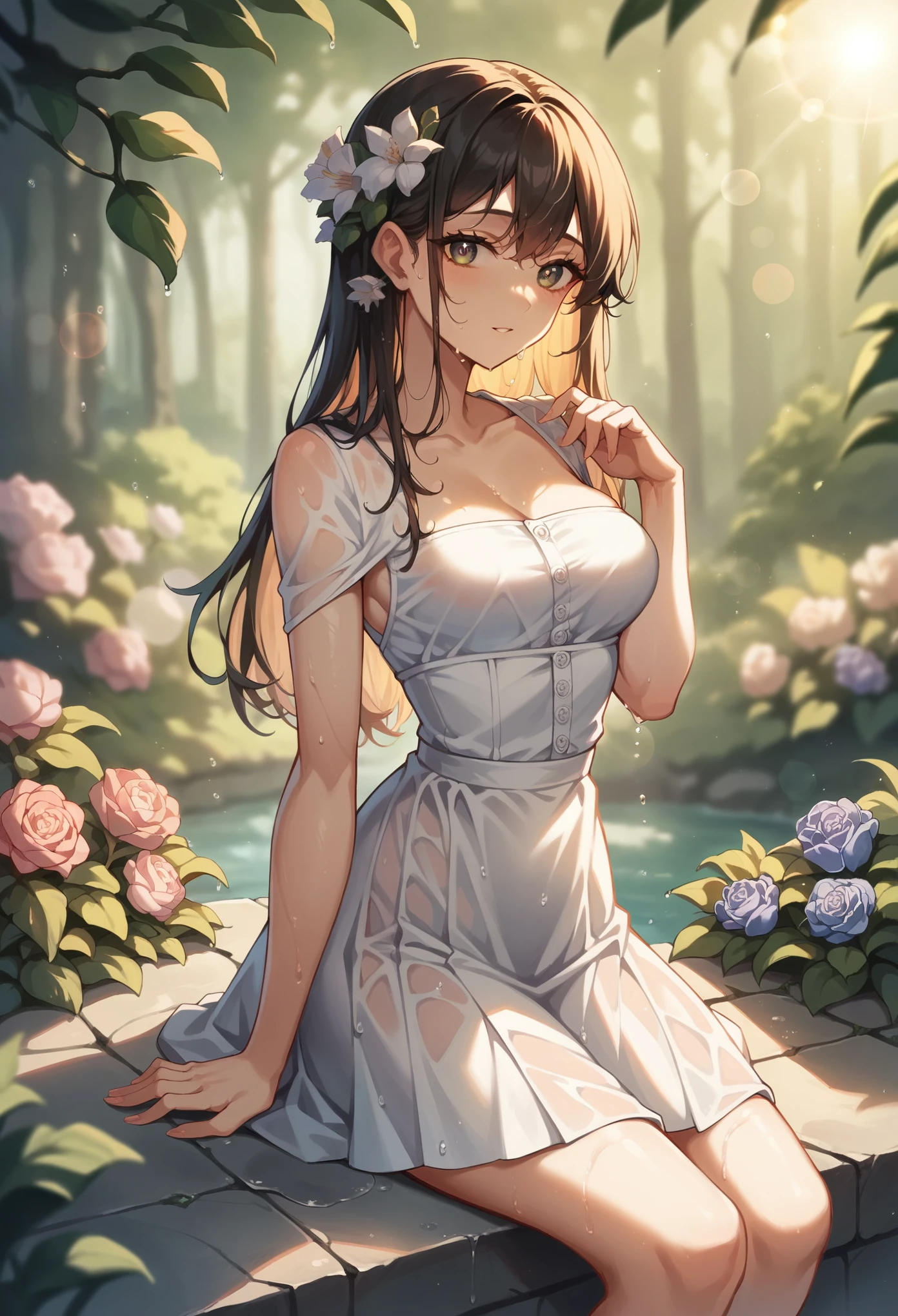 detailed textures, high quality, high resolution, high accuracy, Realism, color correction, correct lighting settings, harmonious composition. (high quality, a high resolution, Small parts), brook, (Small bridge), White dress, One, curvy women, sparkling eyes, (detailed eyes:1.2), smile, blush, Sub, oily skin, soft tones, shallow depth of field -- ar 3:4- Niji 6