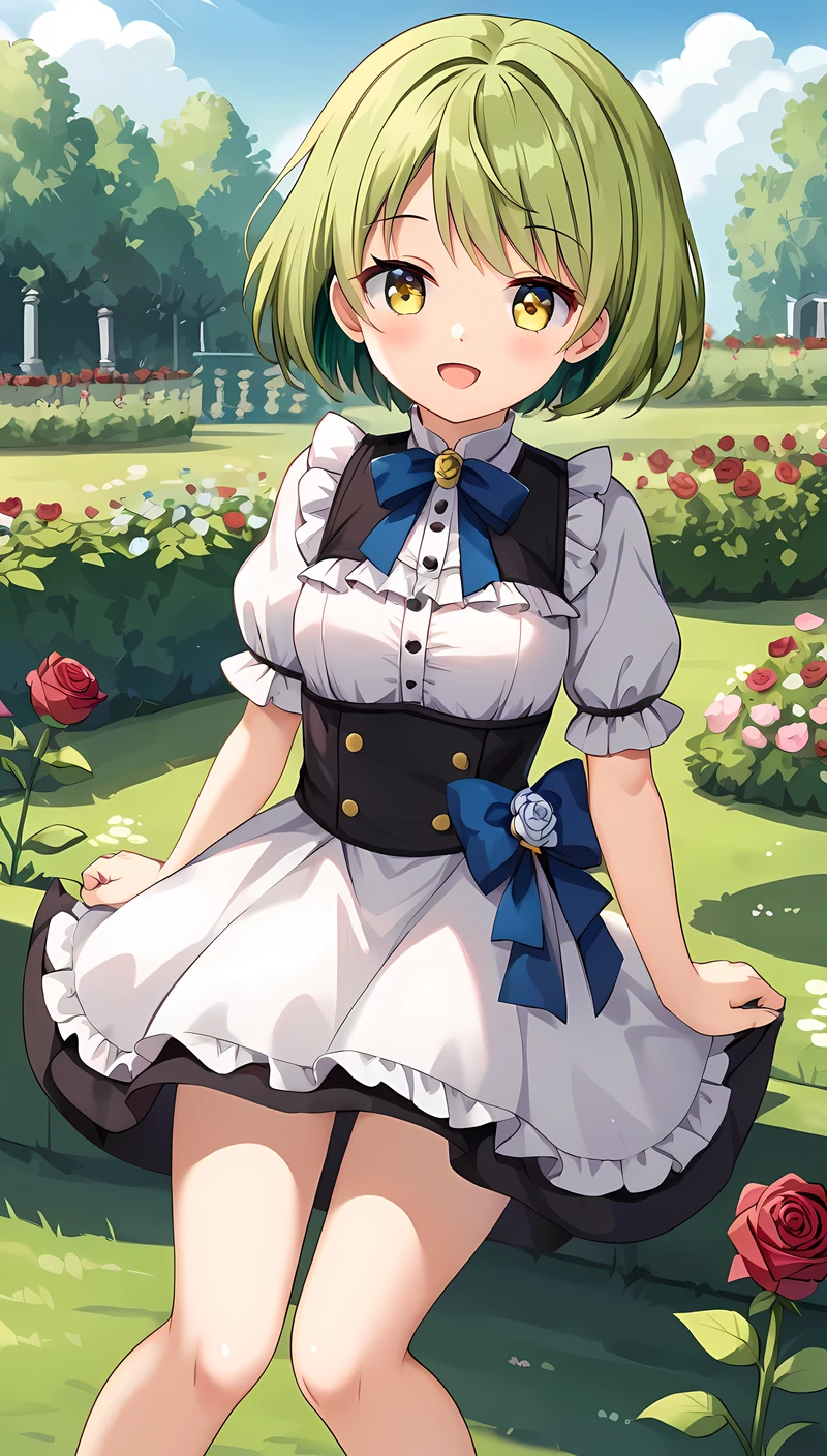 ((masterpiece)), (super detail:1.2), high quality, best quality, highres, 8k, cute, Yellow-green hair, short length hair, Ruffled dress with ribbon, pop, 1 girl, at rose garden