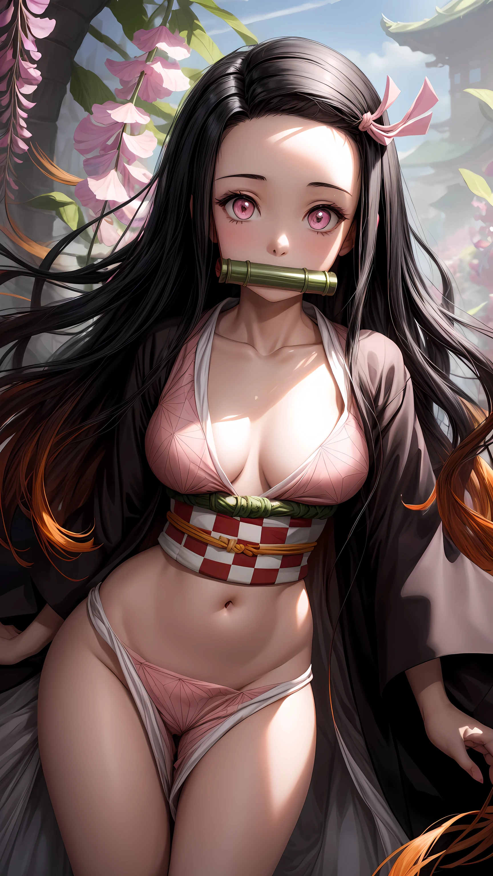masterpiece, (pink kimono), seductive face, good lighting, décolleté, fine details, masterpiece, glowing eyes, 1girl, black hair, gag, bamboo, Nezuko Kamado, wisteria background, masterpiece, best quality, POV, whole body, wide hips,