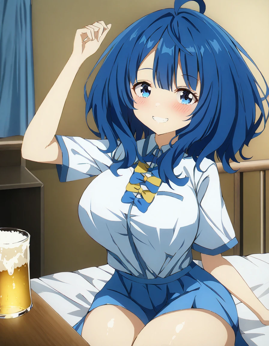 Score_9, Score_8_up, Score_7_up, source_anime, annayanami, annayanami, medium hair, blue eyes, ahoge, blue hair, large breasts, curvy, smile, drunker eyes, blush, sitting floor, beer on desk, bed room, curtain, bed, solo, best quality, ultra-detailed, high resolution, 8K, 