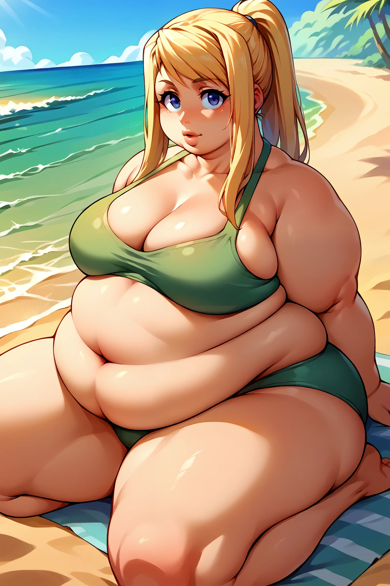 score_9, score_8_up, score_7_up, score_6_up, source_anime BREAK 1girl,  winry rockbell, ponytail, green tank bikini, beach, ocean , looking at you, fat, chubby, obese, big lips 