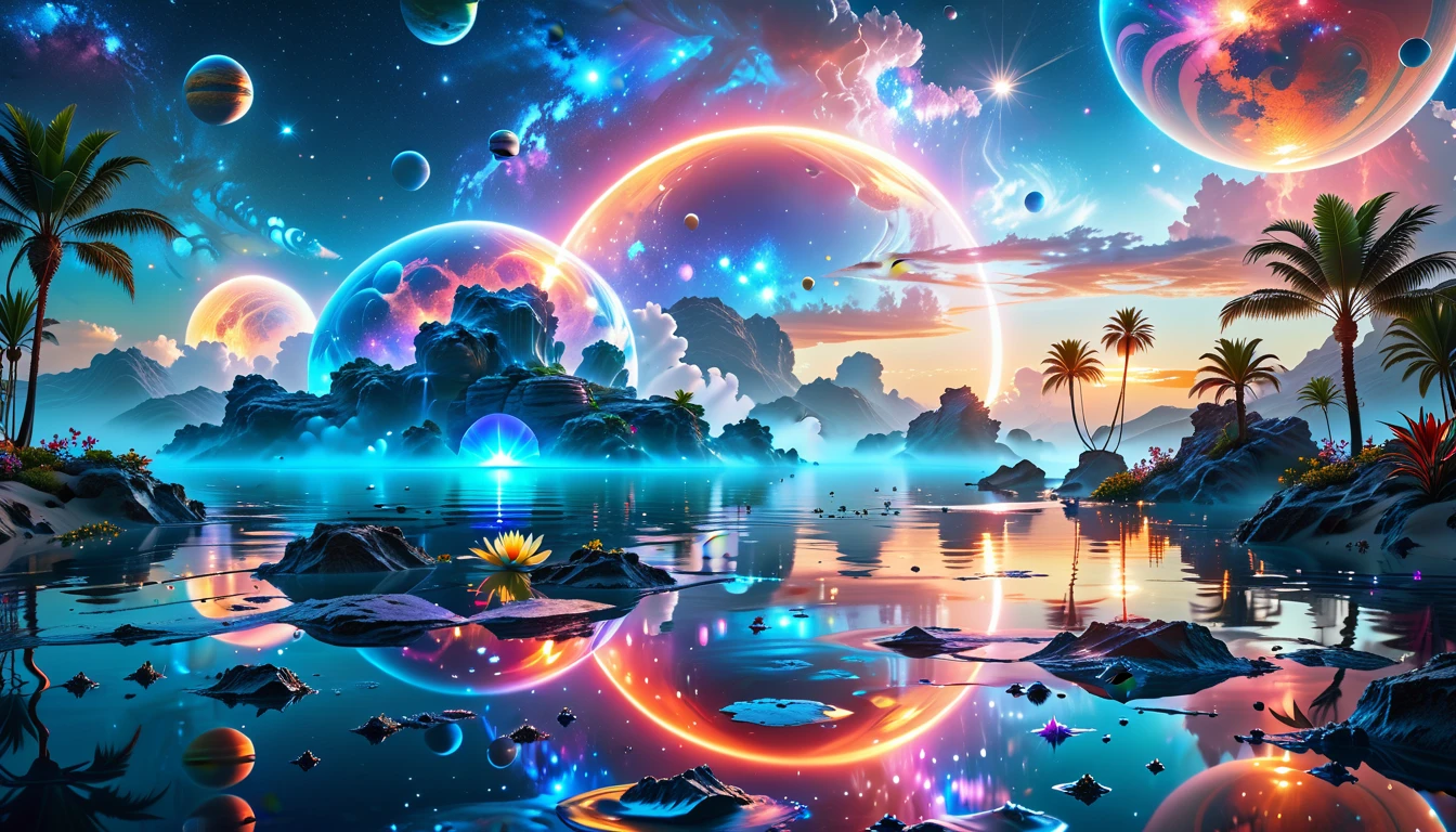 A Masterpiece In 32K Resolution, Supreme Quality, Super Detail, Official Art, Very High-Resolution 32K Wallpaper, Cosmic And Dreamlike, Ultra-Detailed Features, Celestial Retreat. An Otherworldly Oasis Floats Amidst A Sea Of Stars, With Vibrant Alien Flora Surrounding A Shimmering Pool Of Liquid Light. Planets And Moons Hang In The Sky, Casting Colorful Reflections On The Water. In The Background, A Grand Celestial Structure Rises, Radiating Energy And Illuminating The Cosmic Expanse.