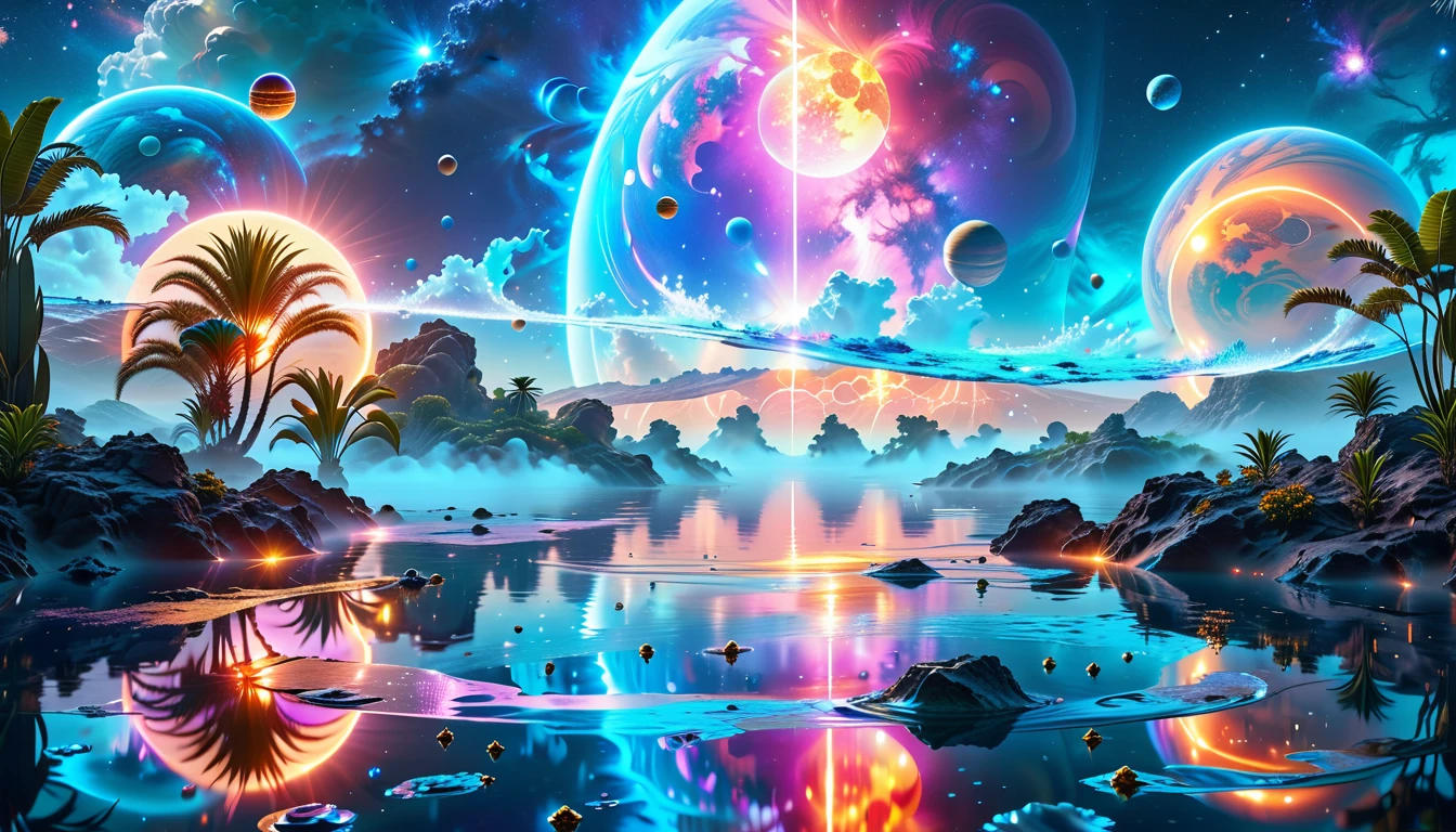 A Masterpiece In 32K Resolution, Supreme Quality, Super Detail, Official Art, Very High-Resolution 32K Wallpaper, Cosmic And Dreamlike, Ultra-Detailed Features, Celestial Retreat. An Otherworldly Oasis Floats Amidst A Sea Of Stars, With Vibrant Alien Flora Surrounding A Shimmering Pool Of Liquid Light. Planets And Moons Hang In The Sky, Casting Colorful Reflections On The Water. In The Background, A Grand Celestial Structure Rises, Radiating Energy And Illuminating The Cosmic Expanse.