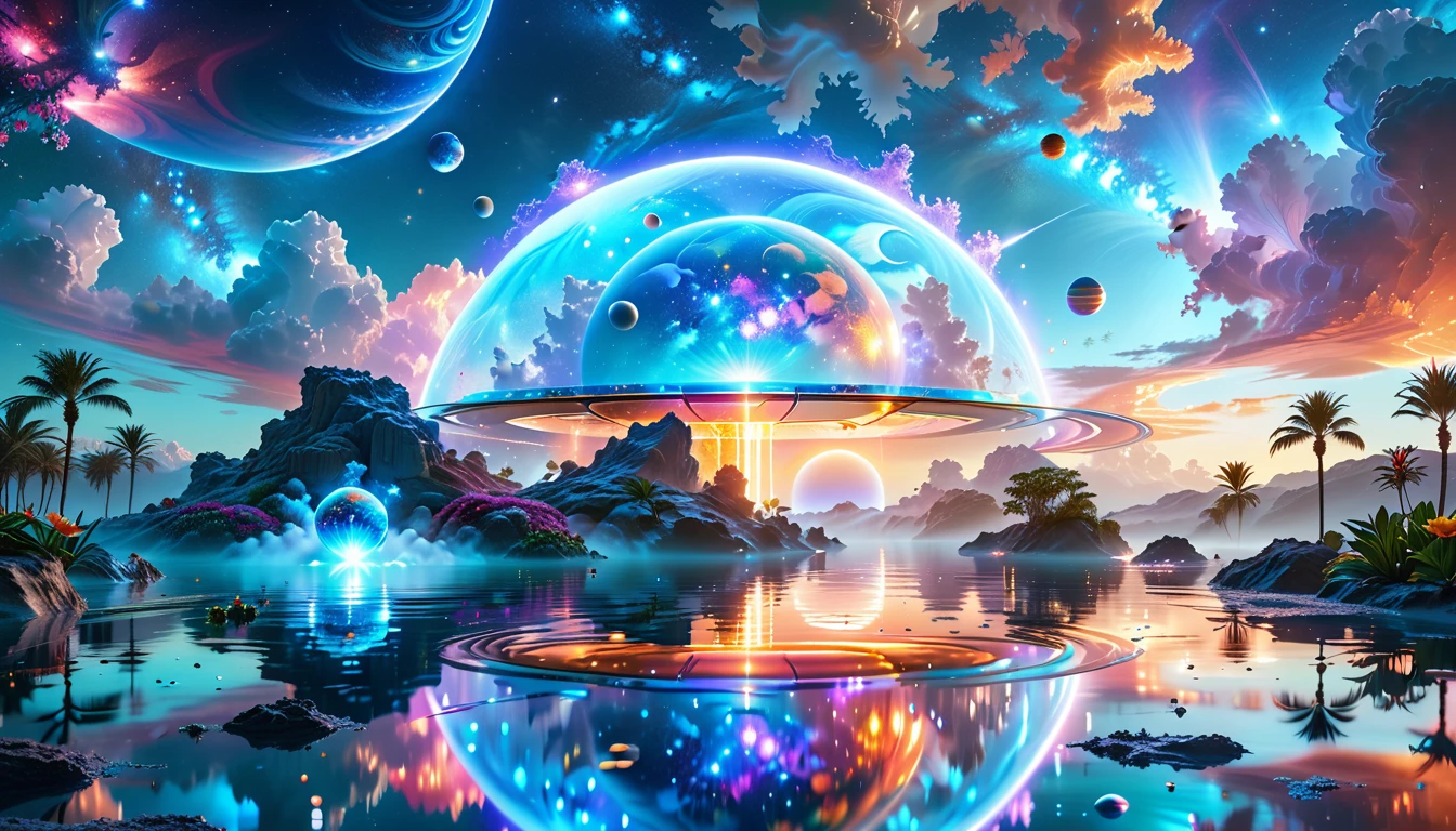 A Masterpiece In 32K Resolution, Supreme Quality, Super Detail, Official Art, Very High-Resolution 32K Wallpaper, Cosmic And Dreamlike, Ultra-Detailed Features, Celestial Retreat. An Otherworldly Oasis Floats Amidst A Sea Of Stars, With Vibrant Alien Flora Surrounding A Shimmering Pool Of Liquid Light. Planets And Moons Hang In The Sky, Casting Colorful Reflections On The Water. In The Background, A Grand Celestial Structure Rises, Radiating Energy And Illuminating The Cosmic Expanse.