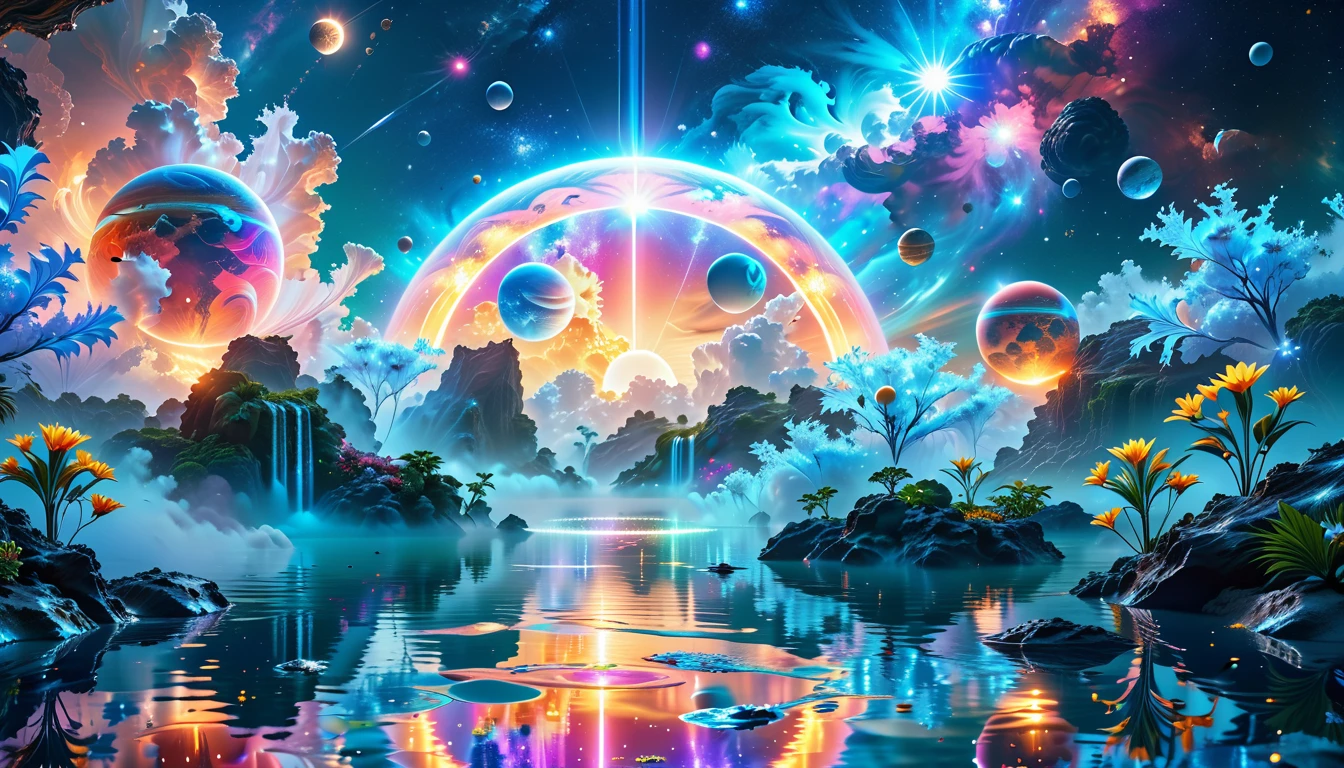 A Masterpiece In 32K Resolution, Supreme Quality, Super Detail, Official Art, Very High-Resolution 32K Wallpaper, Cosmic And Dreamlike, Ultra-Detailed Features, Celestial Retreat. An Otherworldly Oasis Floats Amidst A Sea Of Stars, With Vibrant Alien Flora Surrounding A Shimmering Pool Of Liquid Light. Planets And Moons Hang In The Sky, Casting Colorful Reflections On The Water. In The Background, A Grand Celestial Structure Rises, Radiating Energy And Illuminating The Cosmic Expanse.