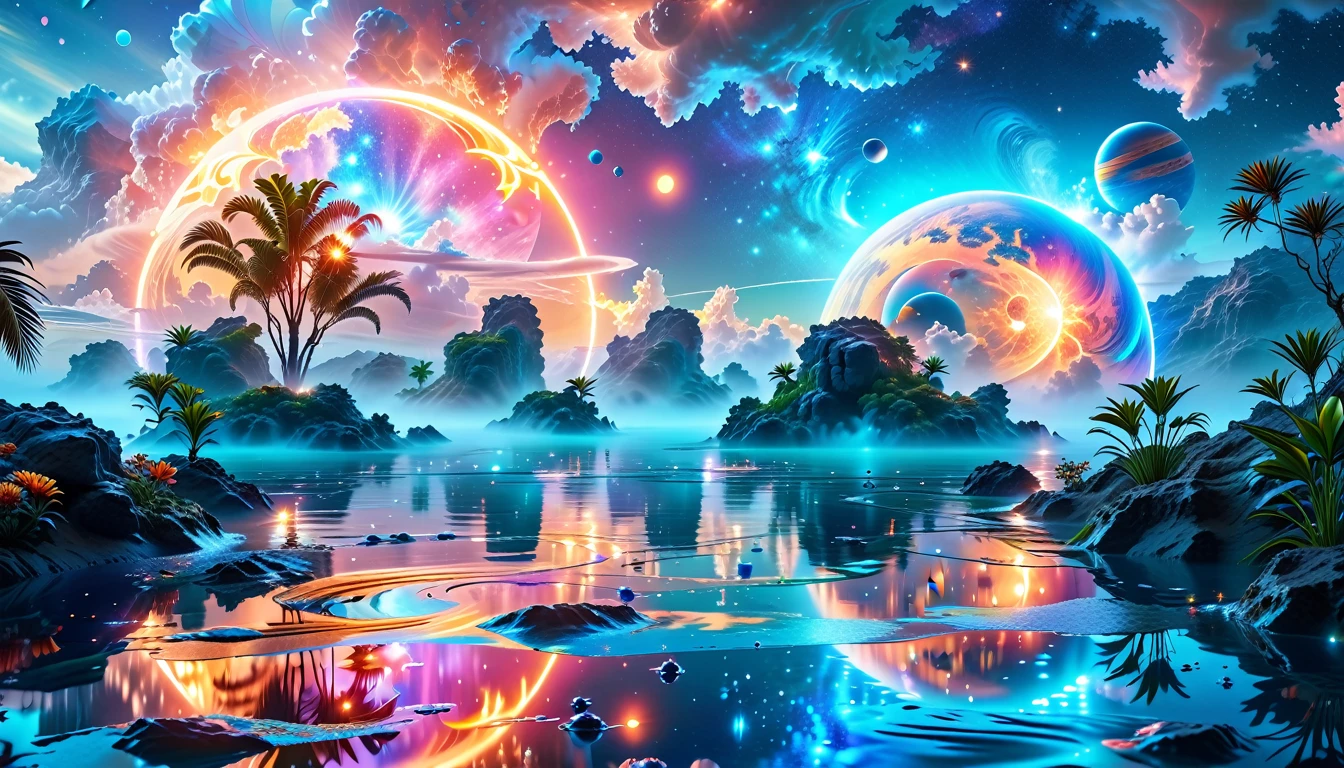 A Masterpiece In 32K Resolution, Supreme Quality, Super Detail, Official Art, Very High-Resolution 32K Wallpaper, Cosmic And Dreamlike, Ultra-Detailed Features, Celestial Retreat. An Otherworldly Oasis Floats Amidst A Sea Of Stars, With Vibrant Alien Flora Surrounding A Shimmering Pool Of Liquid Light. Planets And Moons Hang In The Sky, Casting Colorful Reflections On The Water. In The Background, A Grand Celestial Structure Rises, Radiating Energy And Illuminating The Cosmic Expanse.