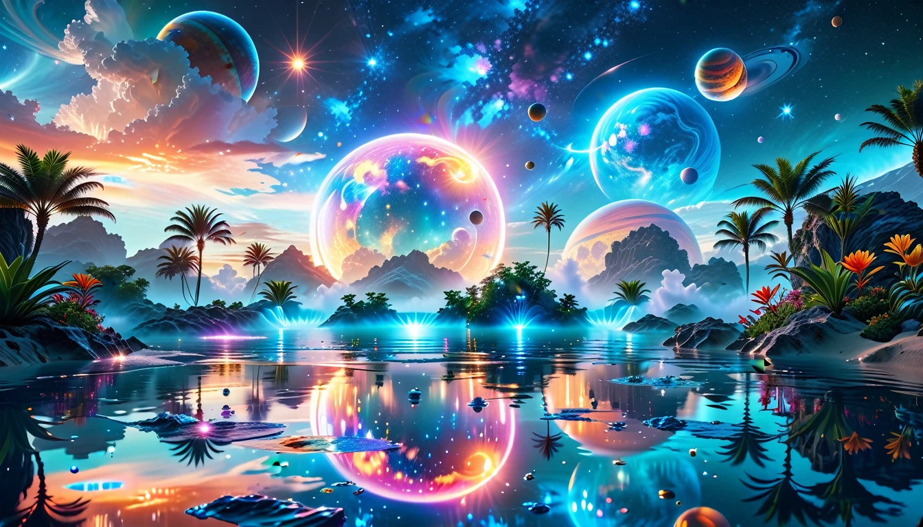 A Masterpiece In 32K Resolution, Supreme Quality, Super Detail, Official Art, Very High-Resolution 32K Wallpaper, Cosmic And Dreamlike, Ultra-Detailed Features, Celestial Retreat. An Otherworldly Oasis Floats Amidst A Sea Of Stars, With Vibrant Alien Flora Surrounding A Shimmering Pool Of Liquid Light. Planets And Moons Hang In The Sky, Casting Colorful Reflections On The Water. In The Background, A Grand Celestial Structure Rises, Radiating Energy And Illuminating The Cosmic Expanse.