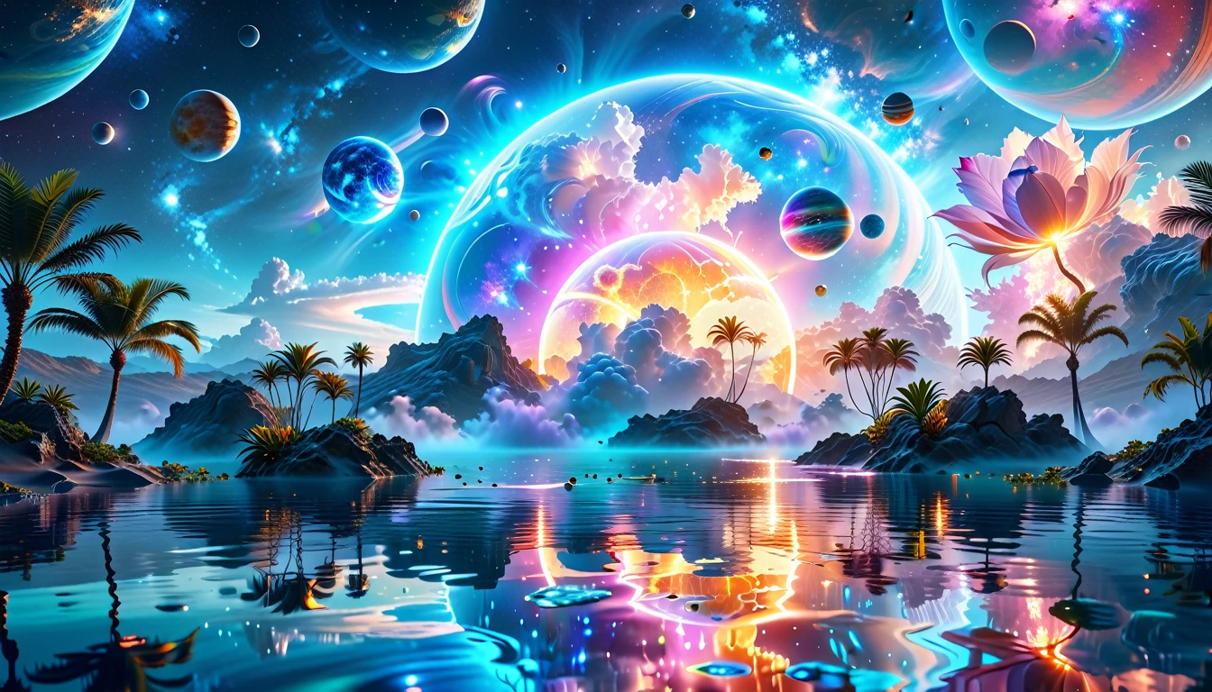 A Masterpiece In 32K Resolution, Supreme Quality, Super Detail, Official Art, Very High-Resolution 32K Wallpaper, Cosmic And Dreamlike, Ultra-Detailed Features, Celestial Retreat. An Otherworldly Oasis Floats Amidst A Sea Of Stars, With Vibrant Alien Flora Surrounding A Shimmering Pool Of Liquid Light. Planets And Moons Hang In The Sky, Casting Colorful Reflections On The Water. In The Background, A Grand Celestial Structure Rises, Radiating Energy And Illuminating The Cosmic Expanse.