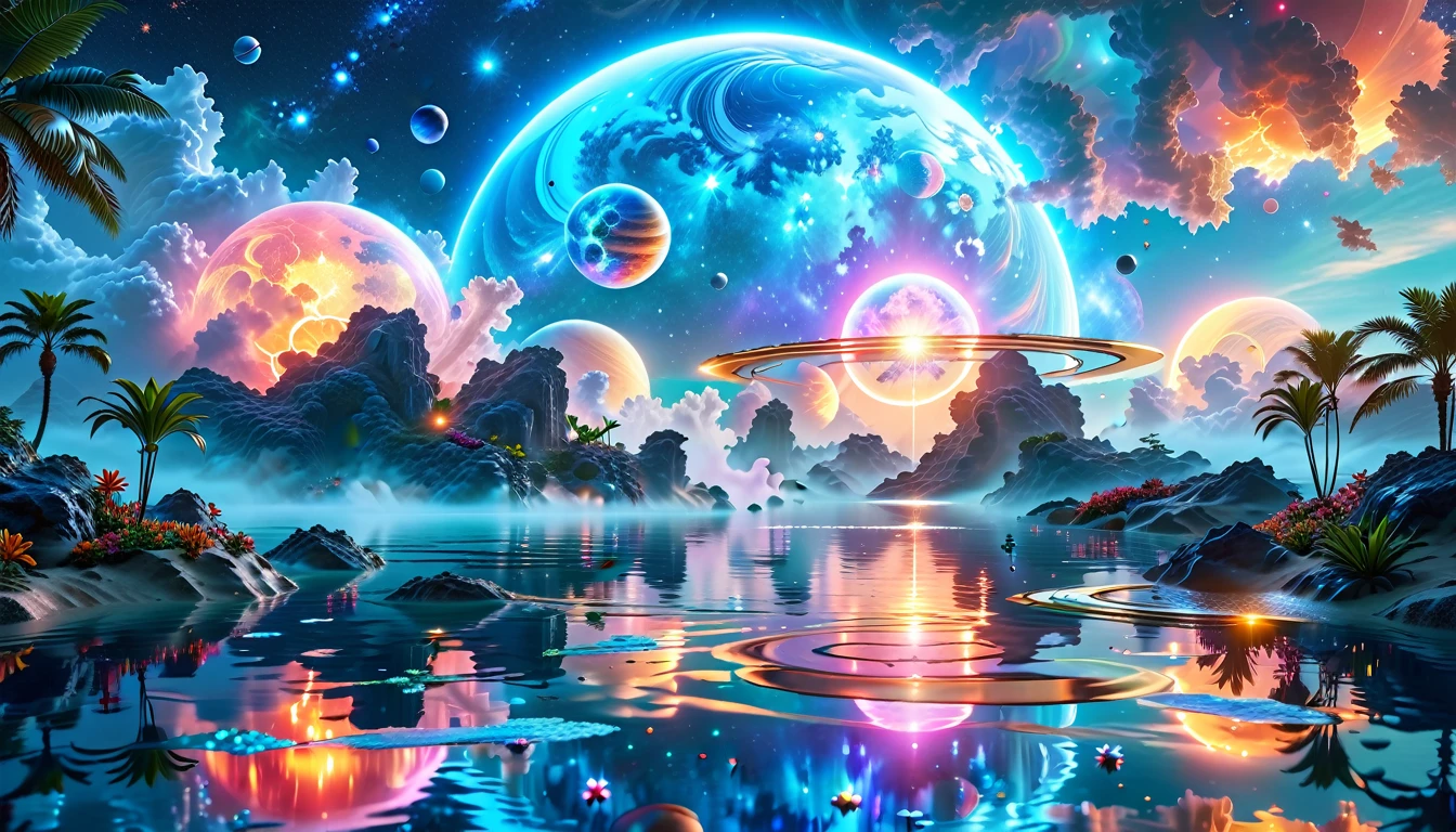 A Masterpiece In 32K Resolution, Supreme Quality, Super Detail, Official Art, Very High-Resolution 32K Wallpaper, Cosmic And Dreamlike, Ultra-Detailed Features, Celestial Retreat. An Otherworldly Oasis Floats Amidst A Sea Of Stars, With Vibrant Alien Flora Surrounding A Shimmering Pool Of Liquid Light. Planets And Moons Hang In The Sky, Casting Colorful Reflections On The Water. In The Background, A Grand Celestial Structure Rises, Radiating Energy And Illuminating The Cosmic Expanse.