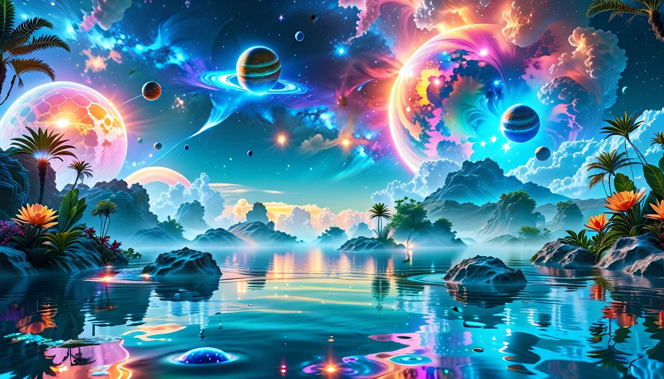 A Masterpiece In 32K Resolution, Supreme Quality, Super Detail, Official Art, Very High-Resolution 32K Wallpaper, Cosmic And Dreamlike, Ultra-Detailed Features, Celestial Retreat. An Otherworldly Oasis Floats Amidst A Sea Of Stars, With Vibrant Alien Flora Surrounding A Shimmering Pool Of Liquid Light. Planets And Moons Hang In The Sky, Casting Colorful Reflections On The Water. In The Background, A Grand Celestial Structure Rises, Radiating Energy And Illuminating The Cosmic Expanse.