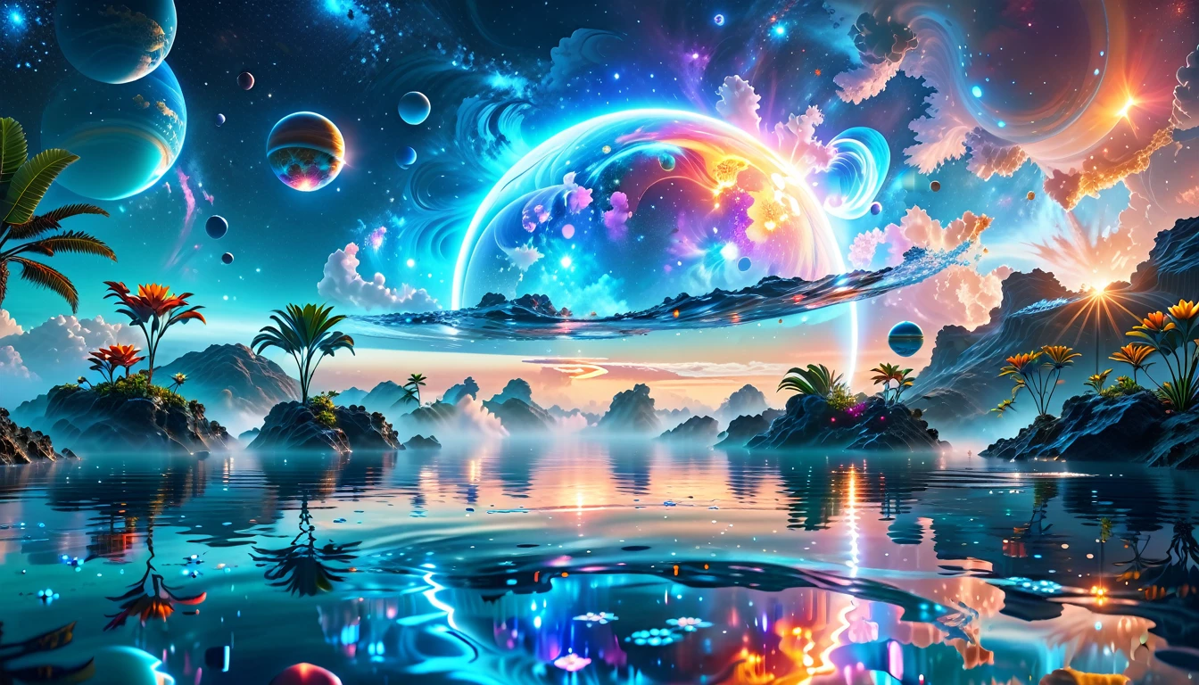 A Masterpiece In 32K Resolution, Supreme Quality, Super Detail, Official Art, Very High-Resolution 32K Wallpaper, Cosmic And Dreamlike, Ultra-Detailed Features, Celestial Retreat. An Otherworldly Oasis Floats Amidst A Sea Of Stars, With Vibrant Alien Flora Surrounding A Shimmering Pool Of Liquid Light. Planets And Moons Hang In The Sky, Casting Colorful Reflections On The Water. In The Background, A Grand Celestial Structure Rises, Radiating Energy And Illuminating The Cosmic Expanse.