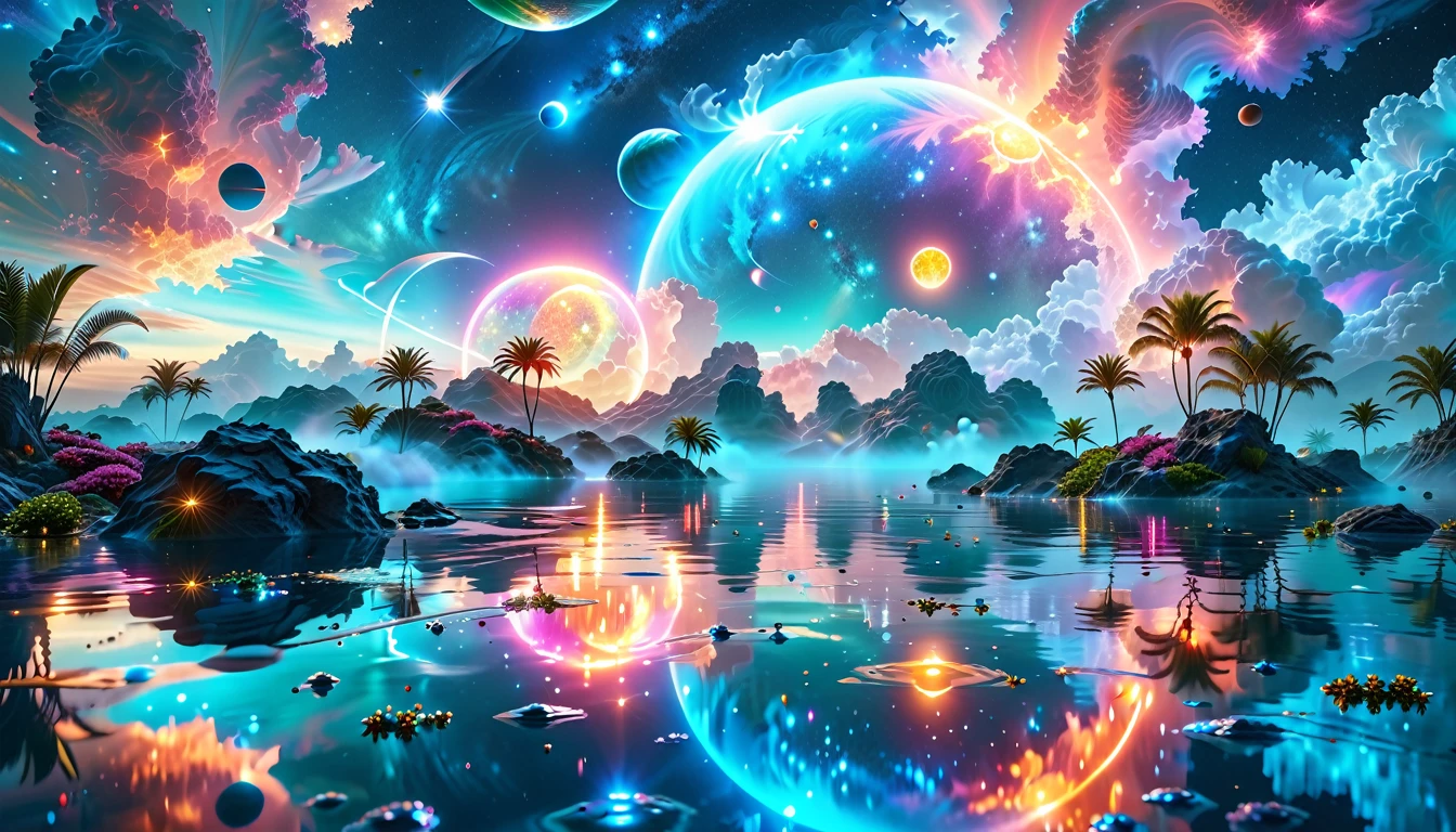 A Masterpiece In 32K Resolution, Supreme Quality, Super Detail, Official Art, Very High-Resolution 32K Wallpaper, Cosmic And Dreamlike, Ultra-Detailed Features, Celestial Retreat. An Otherworldly Oasis Floats Amidst A Sea Of Stars, With Vibrant Alien Flora Surrounding A Shimmering Pool Of Liquid Light. Planets And Moons Hang In The Sky, Casting Colorful Reflections On The Water. In The Background, A Grand Celestial Structure Rises, Radiating Energy And Illuminating The Cosmic Expanse.