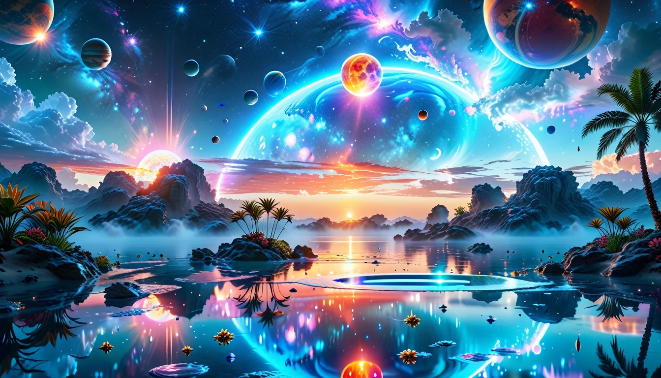 A Masterpiece In 32K Resolution, Supreme Quality, Super Detail, Official Art, Very High-Resolution 32K Wallpaper, Cosmic And Dreamlike, Ultra-Detailed Features, Celestial Retreat. An Otherworldly Oasis Floats Amidst A Sea Of Stars, With Vibrant Alien Flora Surrounding A Shimmering Pool Of Liquid Light. Planets And Moons Hang In The Sky, Casting Colorful Reflections On The Water. In The Background, A Grand Celestial Structure Rises, Radiating Energy And Illuminating The Cosmic Expanse.