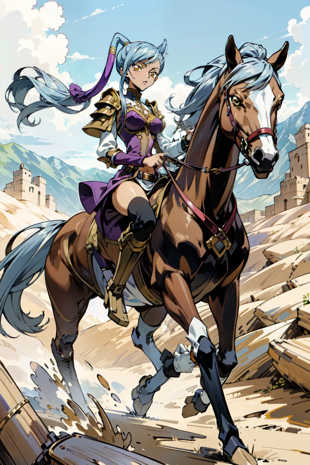 ((best quality)), ((anime masterpiece)), (high detailed), 8k, cinematic lighting, perfect face, dark skin, surprised expression, a young female knight riding a HORSE, (gold eyes, high long pony tail, {silver hair}, medium breast), (purple knight armor, gold shoulder pads, leather belt, purple miniskirt, golden boots), (brown horse, black tail, saddle, reins, bridle, stir ups), desert, dry land, sun, solo, mountains, medieval fantasy settings, both hand holding rein, from side: 1.2, anatomically correct 