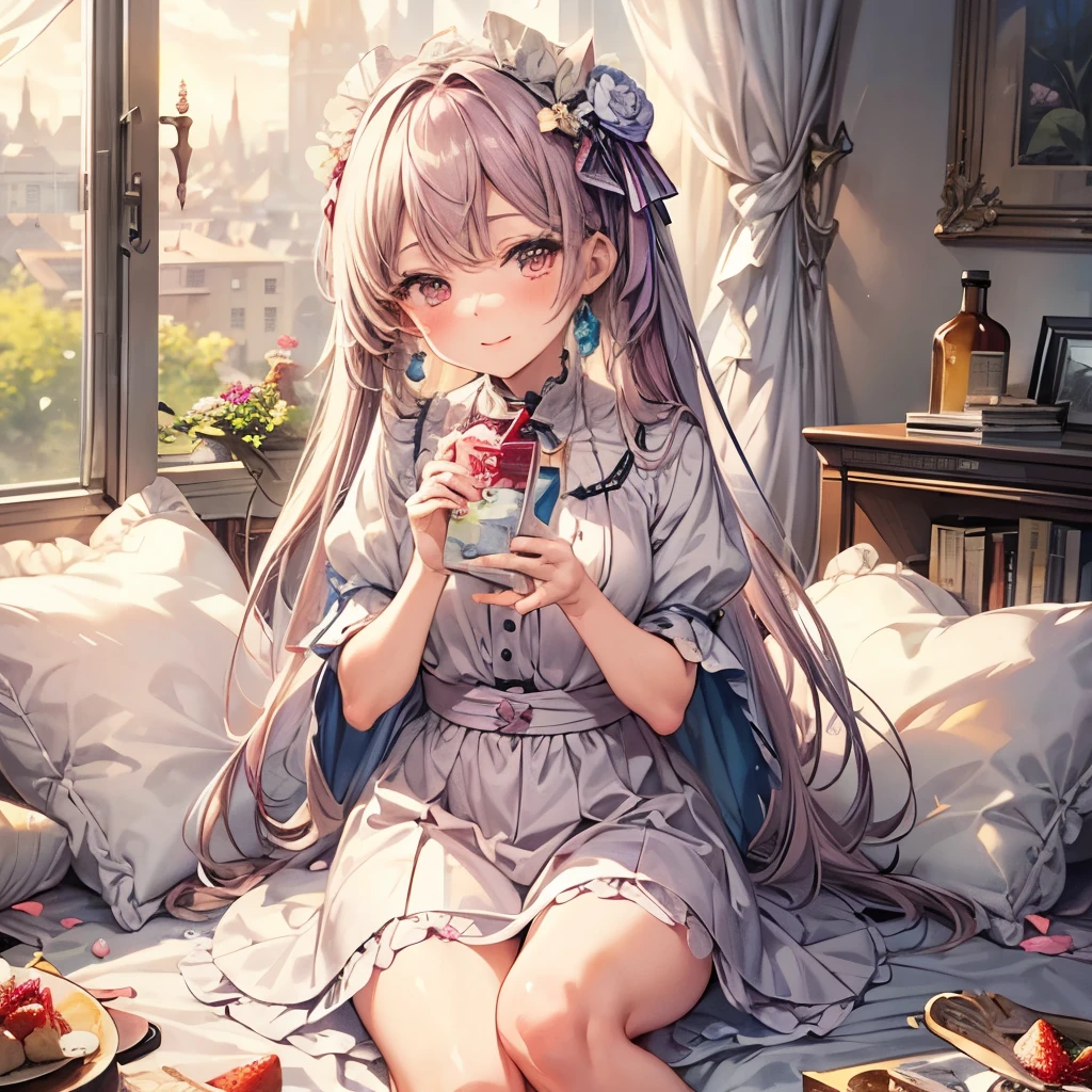 masterpiece, best quality, anime-style illustration of a young girl with long, pastel purple hair sitting on a round cushion, her large pink eyes sparkle with curiosity and joy as she sips from a small bottle of milk through a straw, her outfit is a frilly pastel pink dress adorned with heart patterns and lace, the shading on her dress and hair is soft yet vibrant, adding a sense of lightness and movement, floating around her are playful elements—strawberries, purple petals, and a milk carton, drawn with clean, sharp lines and bright colors, two teddy bears sit beside her, one holding a strawberry, their expressions are cute and simple, complementing the overall whimsical atmosphere, the background is a soft pastel gradient with light sparkles and heart shapes, enhancing the dreamy, magical feeling of the scene, her pose is relaxed and playful, her small hands delicately holding the bottle, her expression filled with happiness, the entire composition is filled with bright, pastel colors and clean lines, creating a fun and cheerful anime-style illustration that captures the character's sweet and innocent personality, the overall scene feels light and energetic, with a perfect balance of charm and cuteness, inviting the viewer into her magical world of sweets and joy.