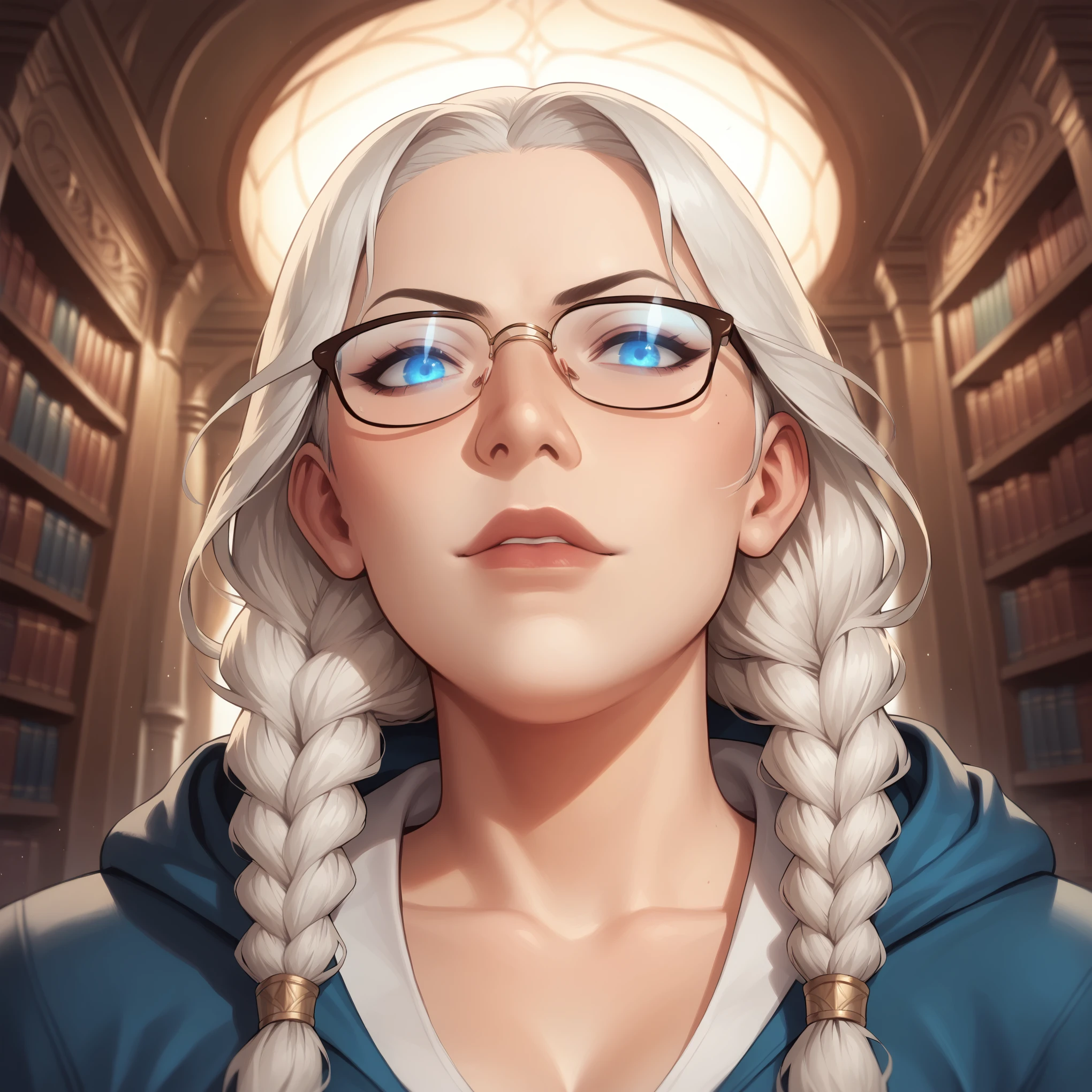 (((beautiful, high quality, comics style, detailed face))), score_9, score_8_up, score_7_up, BREAK, bust portrait, solo, 26 years woman, aasimar, glowing eyes, halo, ocean blue eyes, white hair, (long twins braids), (Nose bridge), wearing a long regal dress, cleavage, fingerless gloves, (below glasses), frustrated:1.1, posing in a library fantasy, blurred background, Expressiveh, detailxl