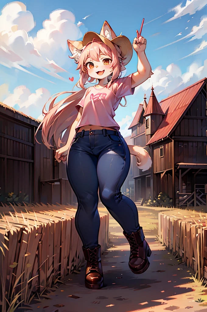 girl, Small、 Cute face,Cat mouth、Laughing with your mouth open,An innocent smile,long cat ears, Pink Check Shirt, jeans, Leather boots, Straw hat with ribbon, Dynamic pose、farm background, Highly detailed background, high quality, high detail, Perfect Anatomy, Very fine grain, HD quality