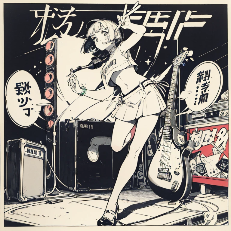 full body, masterpiece, manga style, pen, 1girl, singer, cool, close, no background, white, no coloring, mouth open, medium hair, bob, singing, microphone, the bangs are long, foodie, Belly button look, rock band, playing guitar, five finger, two legs, foodie fashion