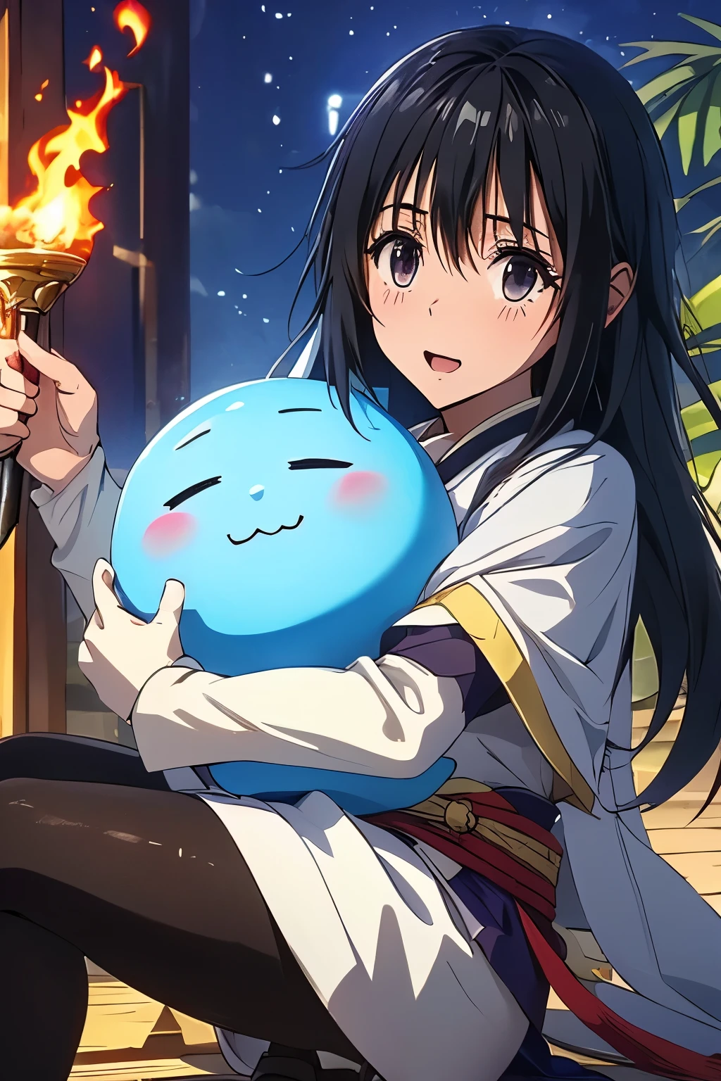 （（（ＳＦＷ、Highest quality、First Class、masterpiece、Normal body、8k、Detailed face、Ultra-precision、Normal hand、Normal finger、Highest、Takumi）））、SHIZUE-izawa、Shiz、Black Hair、Lord of the Flames、-That Time I Got Reincarnated as a Slime-、Petite、Big Breasts、Alltights、tights、White Haori、Ridiculous Costumes、Tight costume、Timid、Rimul Slime Hug、Nice to meet you Slime