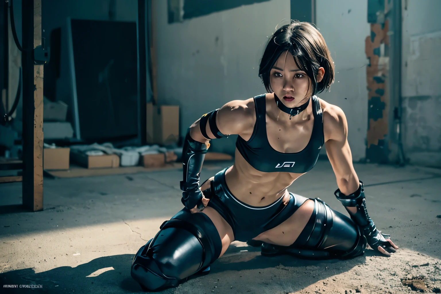 A girl, muscular and prominent, la blue girl live action suits, short hair, head to feet, laying in abandoned factory, open M-legs, with shoulder guards, with a choker, fully encompassing arm guards, with long gloves, wearing knee guards, with long boots, steam, ready to fight, grappling style, with fists, sweaty face, glare eyes, open mouth, drool, drool, hard on, uncensored, open pussy, pussy shaped, touching groin, real texture material:1.2, professional photo, cinematic), high definition, best quality, high res, ultra-detailed, ultra-fine painting, extremely delicate, anatomically correct, symmetrical face, extremely detailed eyes and face, high quality eyes, creativity, RAW photo, UHD, 32k, Natural light, cinematic lighting, masterpiece-anatomy-perfect, masterpiece:1.5