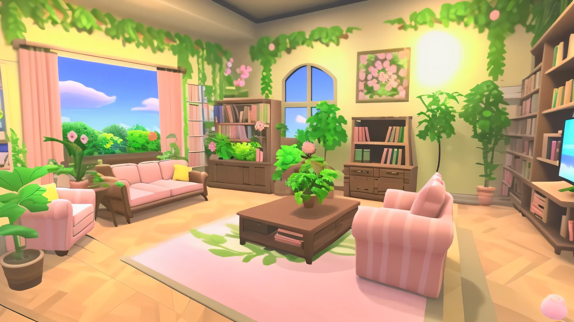 masterpiece, High quality,living room, sofa, bookshelf, plant, Lovely,Pink style j_game_background