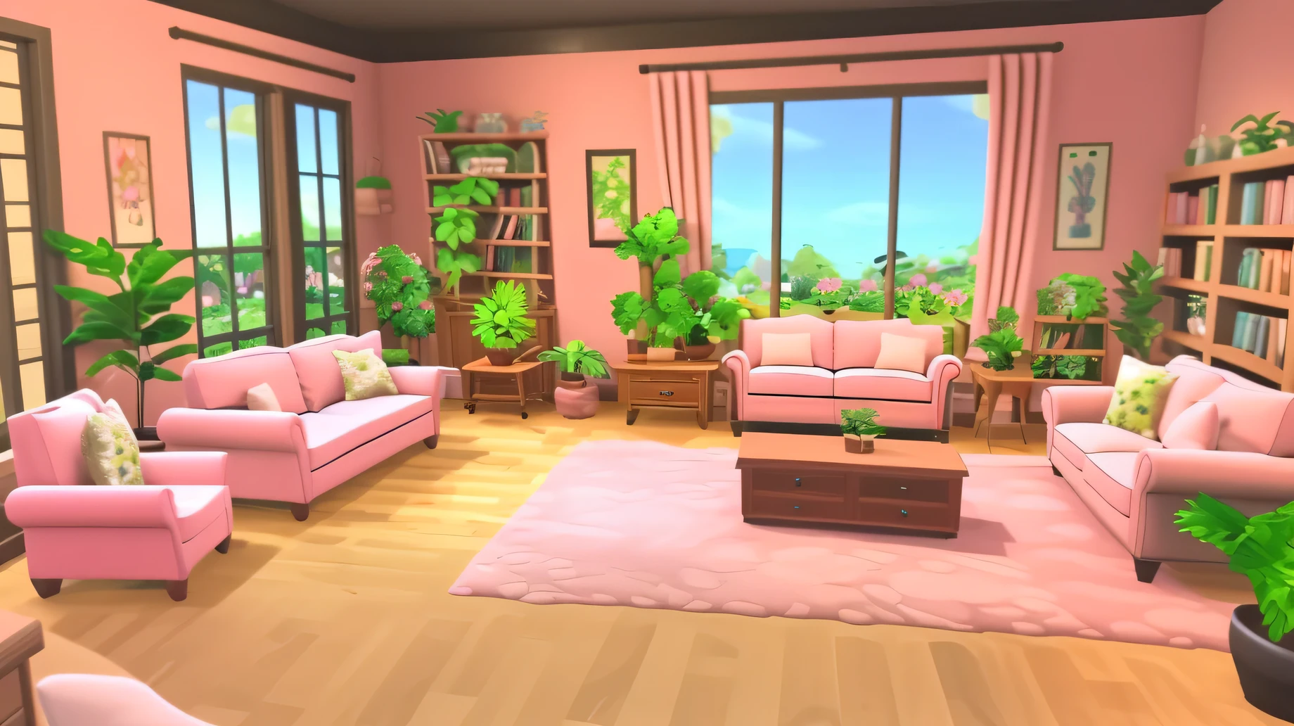 masterpiece, High quality,living room, sofa, bookshelf, plant, Lovely,Pink style j_game_background