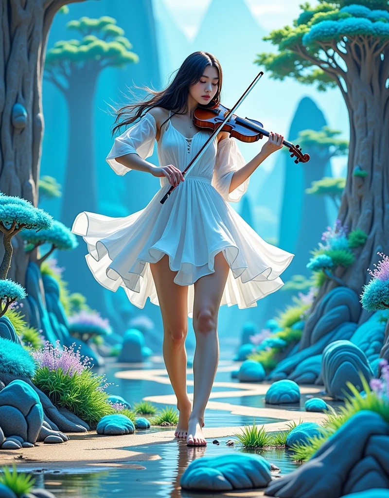 1 Girl，beauty，White Dress，Dance gracefully，Playing the violin，Hyper-Reality，站在Hyper-Reality和梦幻般的天空中的新月上保持平衡，Inspired by weird visuals，Dripping and smoothly deforming melting elements，Mysterious and ethereal picture，The soft moonlight fills the surroundings，Use soft brushstrokes to render the whimsy and enchantment of the moonlight fantasy，Realism，photography，Monet，Rococo style，Hyper-Reality主义，Ethnic art，graphic design，Game texture，Delicate facial features, anatomically correct, textured skin, accurate, award winning, UHD