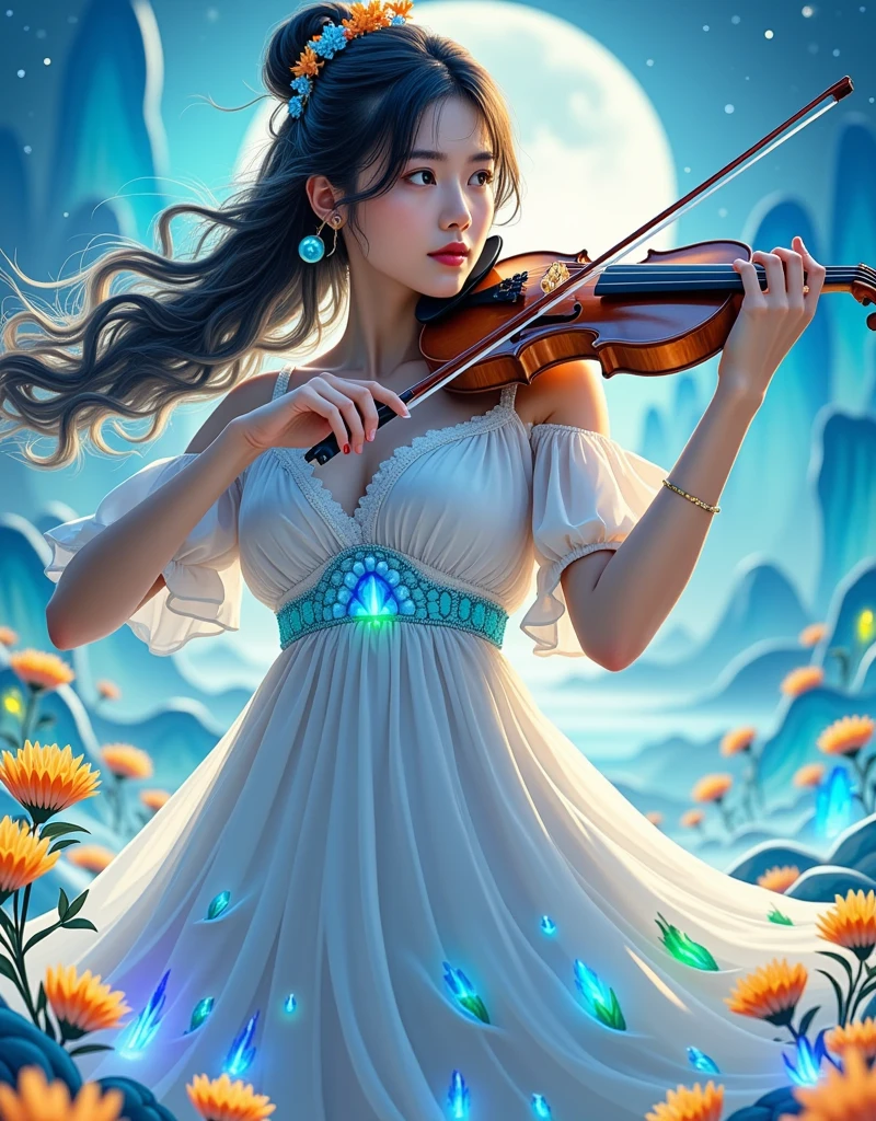 1 Girl，beauty，White Dress，Dance gracefully，Playing the violin，Hyper-Reality，站在Hyper-Reality和梦幻般的天空中的新月上保持平衡，Inspired by weird visuals，Dripping and smoothly deforming melting elements，Mysterious and ethereal picture，The soft moonlight fills the surroundings，Use soft brushstrokes to render the whimsy and enchantment of the moonlight fantasy，Realism，photography，Monet，Rococo style，Hyper-Reality主义，Ethnic art，graphic design，Game texture，Delicate facial features, anatomically correct, textured skin, accurate, award winning, UHD