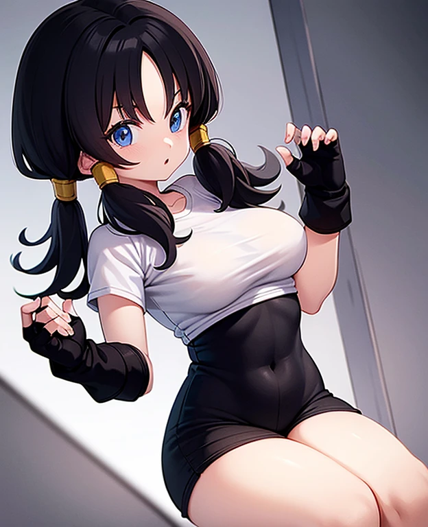  Videl, white v cut shirt, black shorts, black hair, pigtails, large breasts, small waist, fingerless gloves, blue eyes