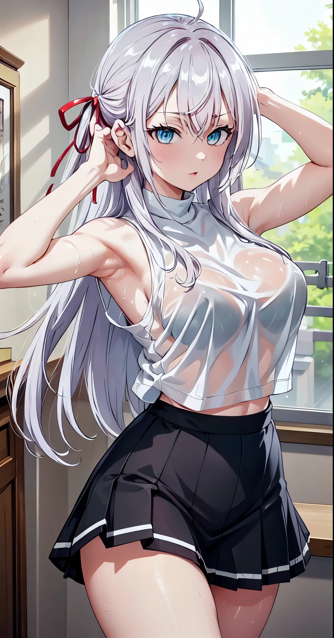 Masterpiece, best quality, highres, highly detailed, 1 girl, long hair, white hair, half - up style hair, red ribbons in right side head, aqua eyes, large breast, sleevess turtleneck shirt, The bra lines is see-through from the inside shirt, 
 mini skirt, she wet, drenched, wet clothes sticking to her body, inside, looking down to camera, showing armpits pose. perfect finger shape, the number of fingers is not excessive, the number of fingers is perfect,