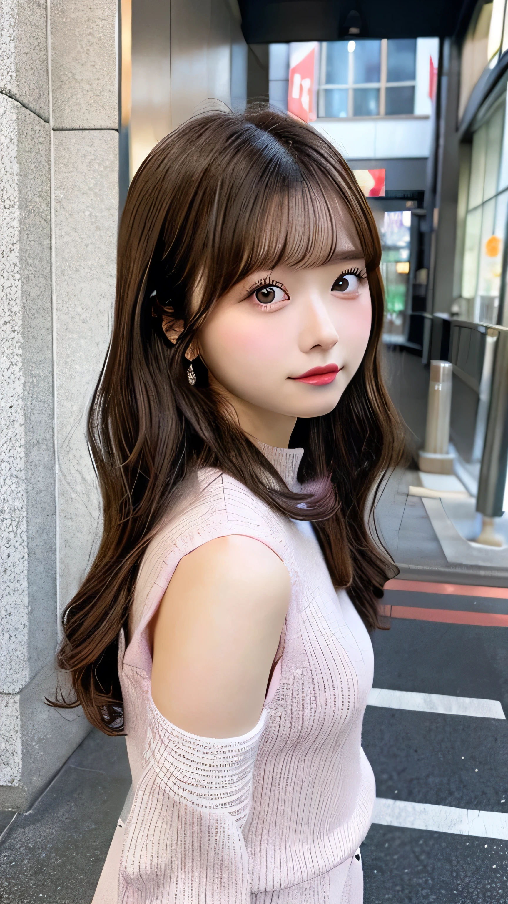 1girl,Medium Hair、Brown Hair、Curl the ends of your hair、２０Teen idol Japanese、Lots of eyelashes、Plump Cheeks、Pink lips、すらっとしたwhole body、Portrait、f/1.8、135mm、NIKON,whole body、whole、Knit dress、Thick-soled white sneakers、Look only at the face、full body、shoot from side