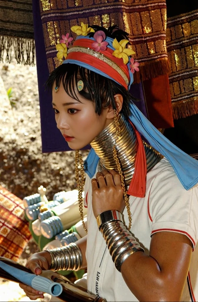arafed woman with neck rings and a colorful headband, ancient libu young girl, traditional beauty, sukhothai costume, closeup portrait shot, wearing traditional garb, thailand, wearing a native american choker, portrait shot, innocent look. rich vivid colors, portrait of a beautiful, tribal jewelry, traditional costume, wearing gilded ribes, traditional dress, beautiful girl