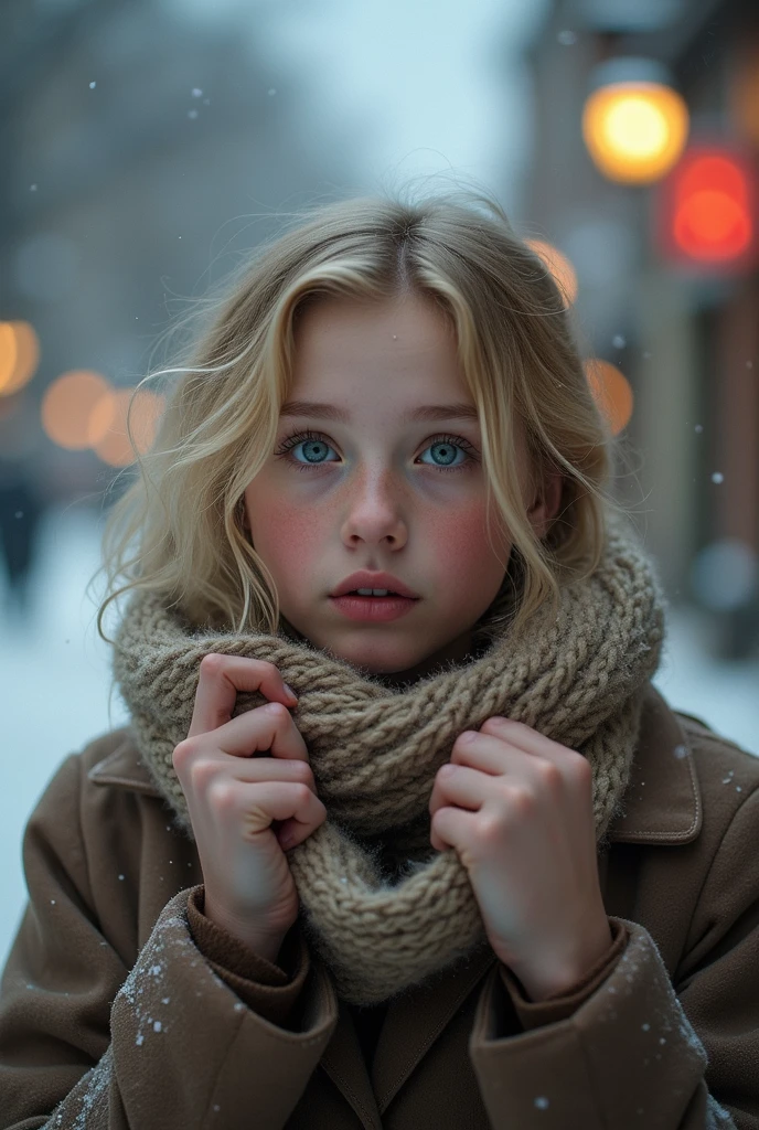 10 year old girl with long blonde hair, albino, lovely eyes, pale skin, flat chest, winter coat, hat, snowfall, winter, with a more elegant and sophisticated touch, something, which corresponds to her mysterious and strong personality. General, her appearance would be striking, attracting curious and intrigued glances, flat chested, cinematic lighting, chromatic aberration, Backlight, masterpiece, high detail, high quality, 4K.