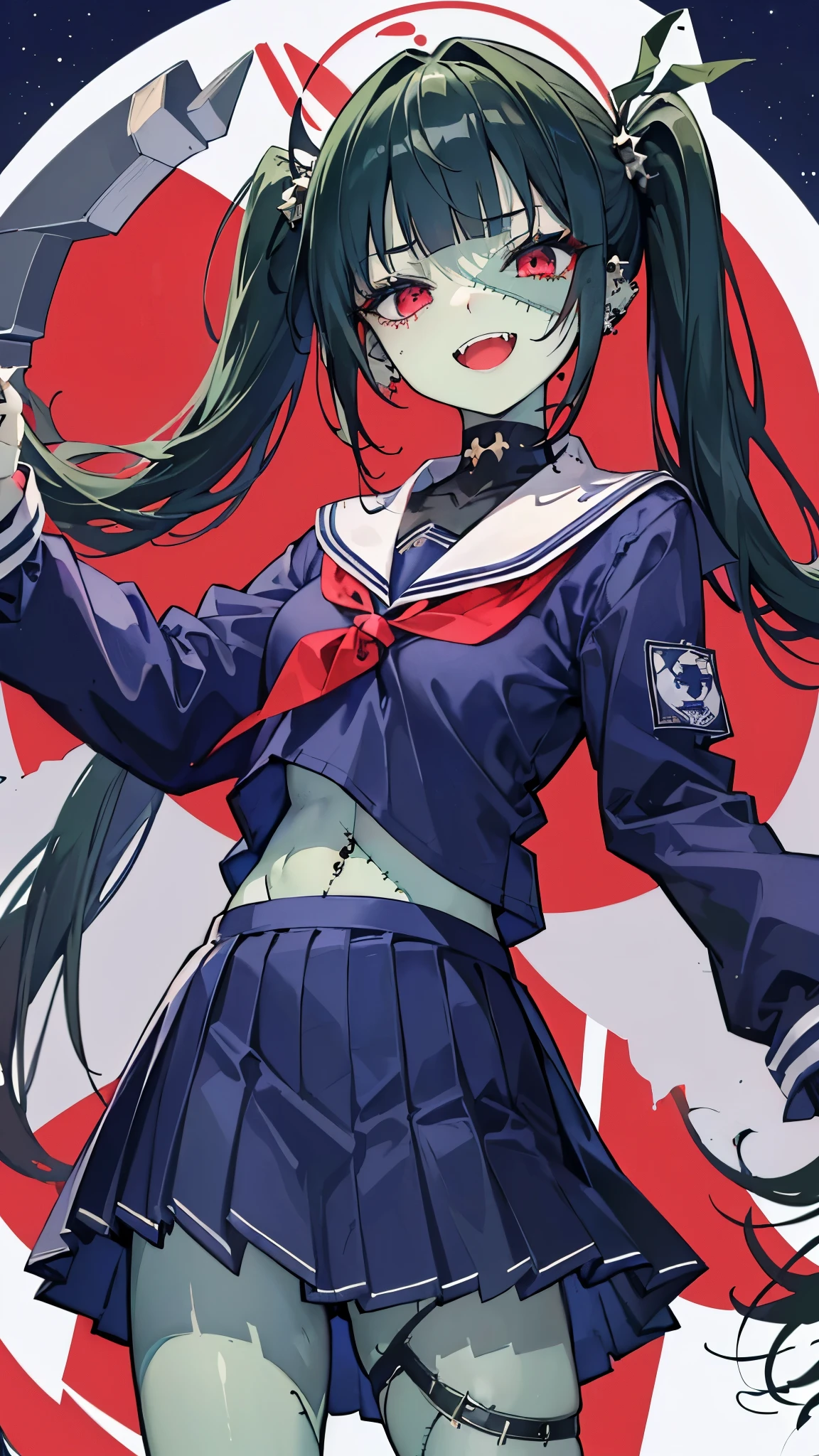 ((masterpiece、Best Quality、Very detailed))、One Girl、((Green Skin))、Black Hair、twintails、blunt bangs、Red eyes、evil smile、((open mouth))、((lots of piercing))、Small breasts、Show your fangs、((school uniform))、((Long sleeve))、belly button、((Navy blue pleated skirt))、((stitched face))、((patchwork skin))、Cowboy Shot、((night))、cemetery