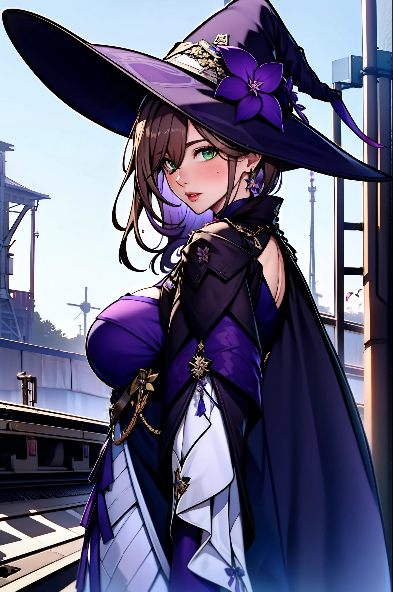 a beautiful girl, perfect face, arms at sides, masterpiece, ultra high res, high quality, 4k, upper body:1.5,  herta from honkai star rail \), urple witch hat, green eyes, brown hair, (PureErosFace_V1:0.008), (european:1.6), bangs, dress, rose, jewelry, witch, capelet, purple headwear, black gloves, purple flower, hair between eyes, purple rose, parted lips, purple capelet, hat flower, multicolored dress, hair ornament,  windmill,  from side,milf 