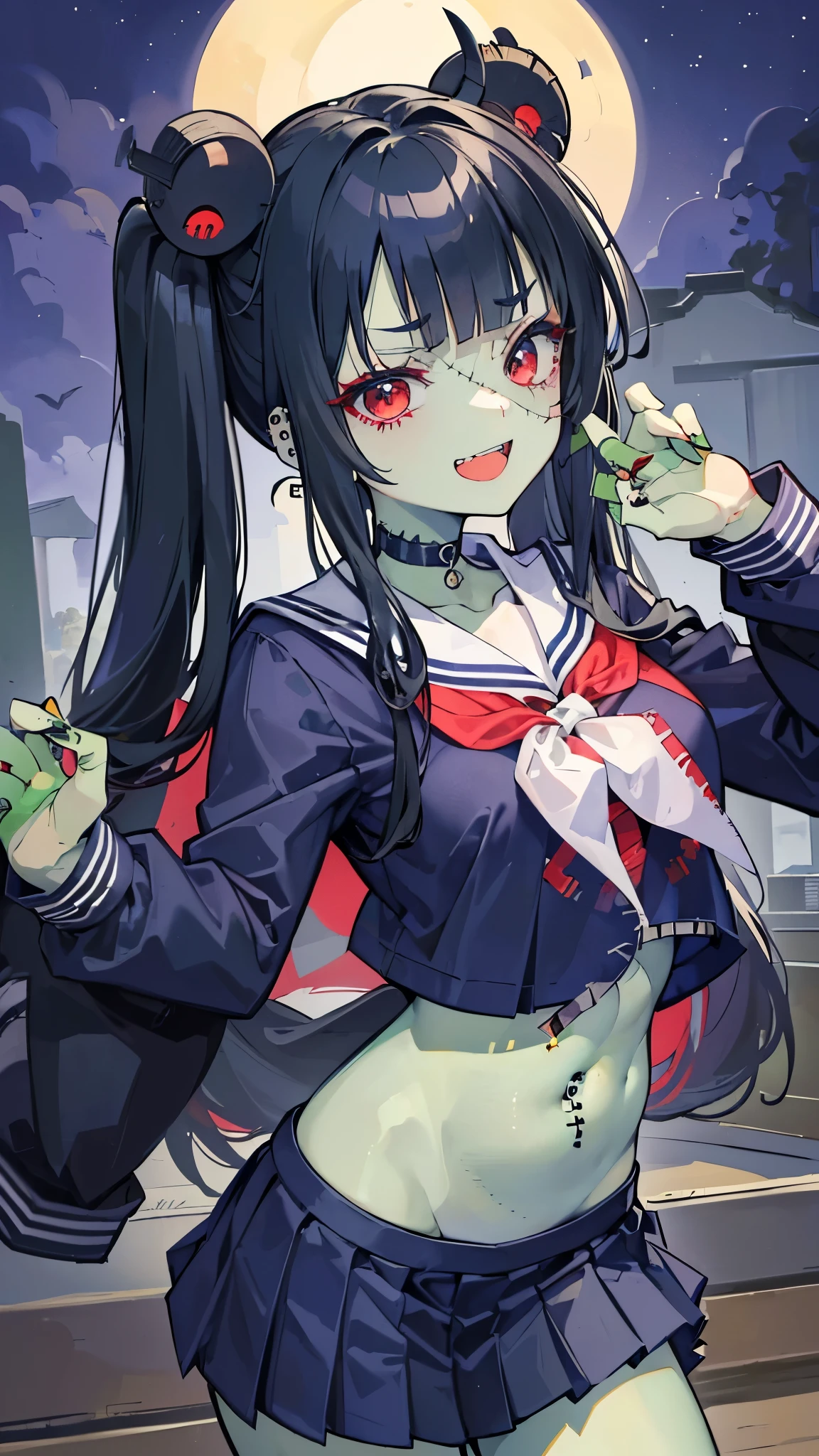 ((masterpiece、Best Quality、Very detailed))、One Girl、((Green Skin))、Black Hair、twintails、blunt bangs、Red eyes、evil smile、((open mouth))、((lots of piercing))、Small breasts、Show your fangs、((school uniform))、((Long sleeve))、belly button、((Navy blue pleated skirt))、((stitched face))、((patchwork skin))、Cowboy Shot、((night))、cemetery