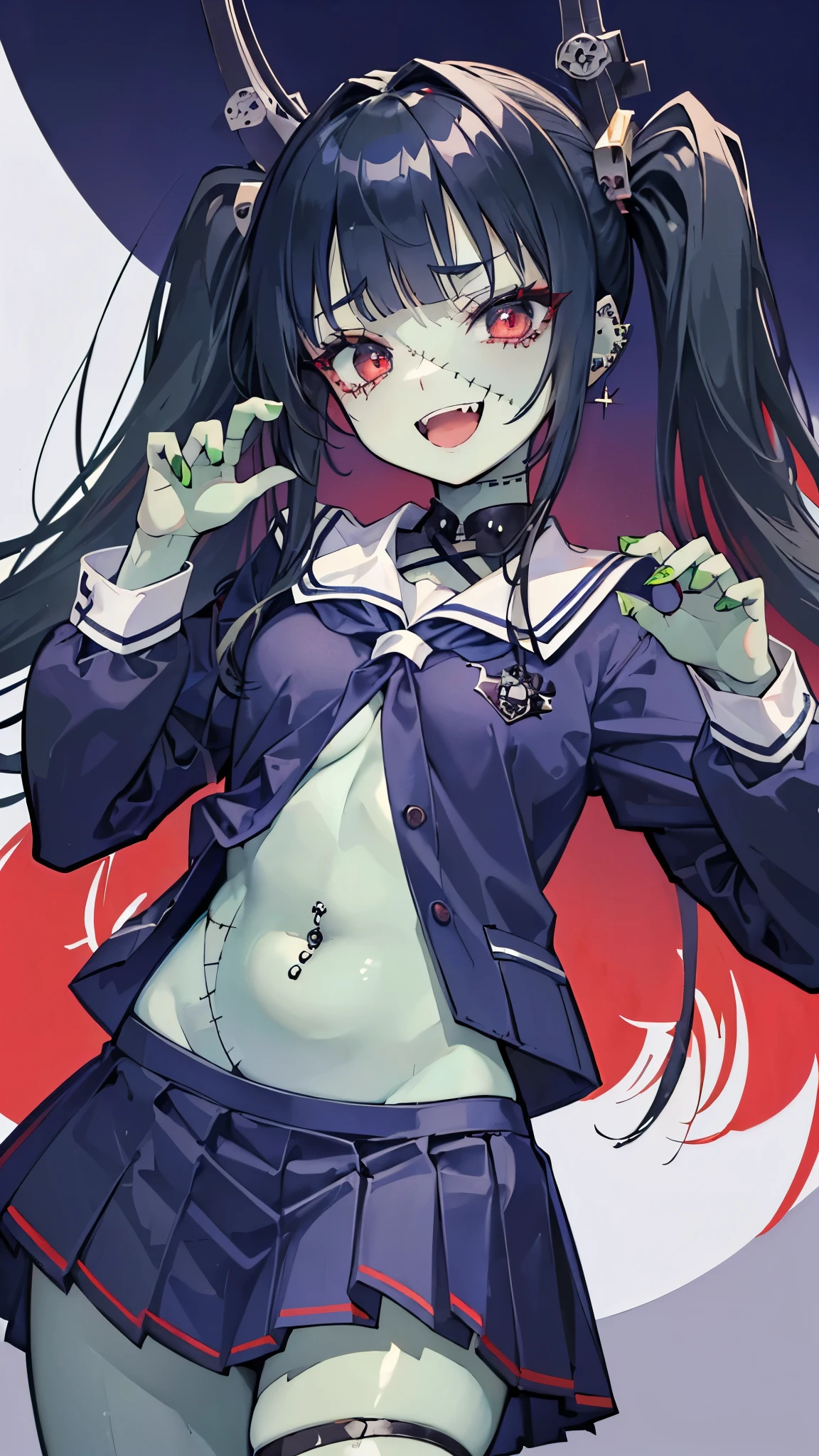 ((masterpiece、Best Quality、Very detailed))、One Girl、((Green Skin))、Black Hair、twintails、blunt bangs、Red eyes、evil smile、((open mouth))、((lots of piercing))、Small breasts、Show your fangs、((school uniform))、((Long sleeve))、belly button、((Navy blue pleated skirt))、((stitched face))、((patchwork skin))、Cowboy Shot、((night))、cemetery