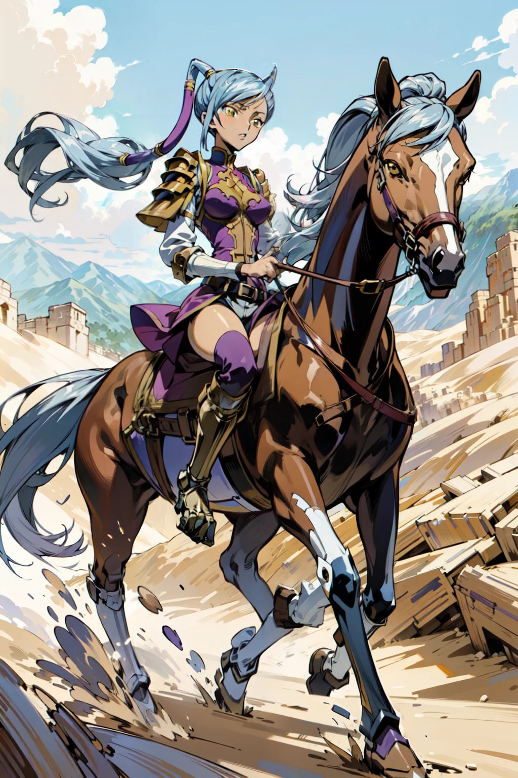 ((best quality)), ((anime masterpiece)), (high detailed), 8k, cinematic lighting, perfect face, dark skin, surprised expression, a young female knight riding a HORSE, (gold eyes, high long pony tail, {silver hair}, medium breast), (purple knight armor, gold shoulder pads, leather belt, purple miniskirt, golden boots), (brown horse, black tail, saddle, reins, bridle, stir ups), desert, dry land, sun, solo, mountains, medieval fantasy settings, both hand holding rein, from side: 1.2, anatomically correct 