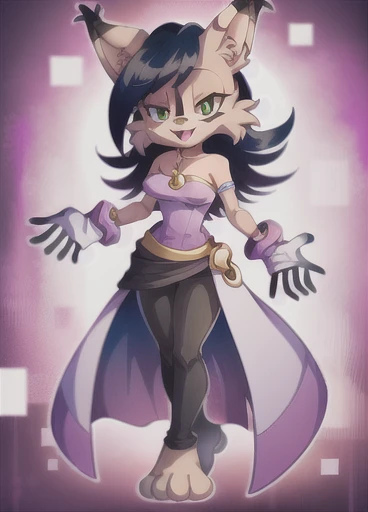 nicolethelynx, (best quality, masterpiece:1), furry female anthro, strapless purple dress, split dress, black pants, black and white gloves, purple cuffs, standing, looking at viewer, open mouth, smile, (digital abstract background:1.2),  foot paws on socks 