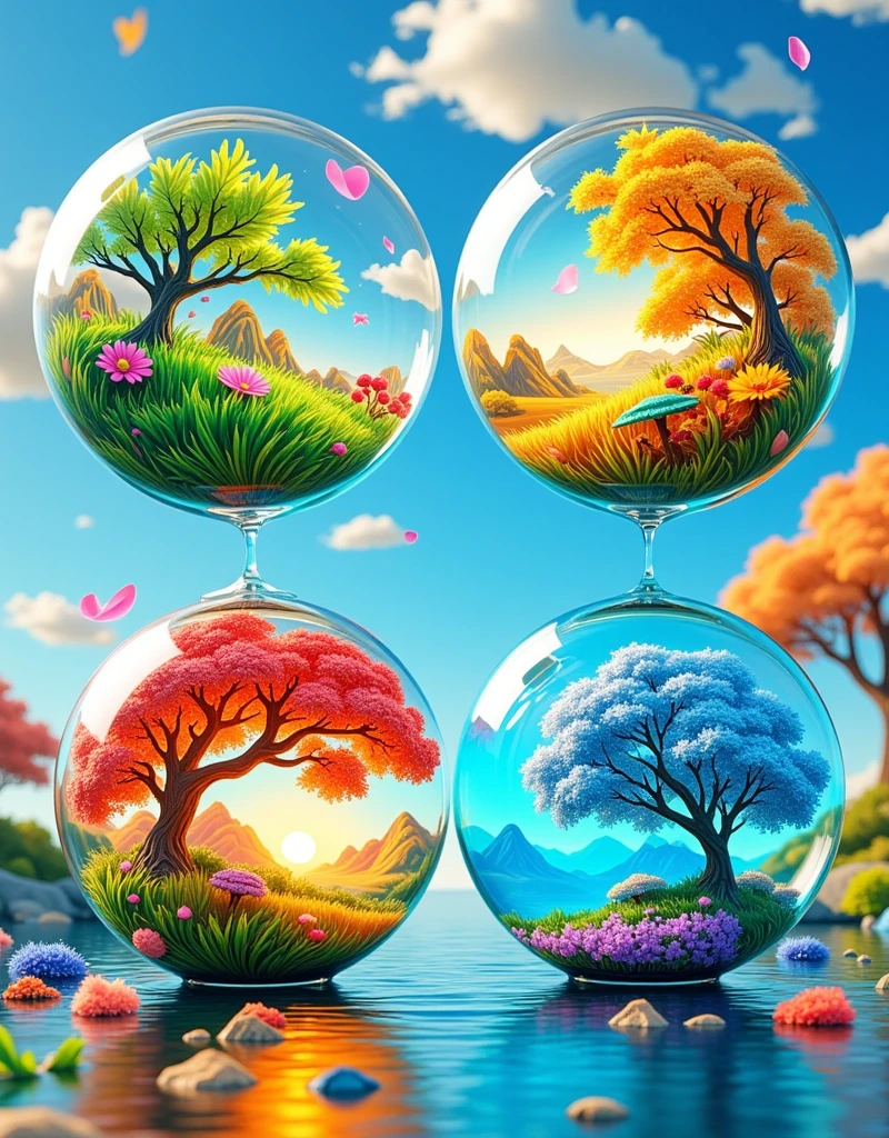 这是一幅令人惊叹的Concept Art作品，With four fascinating spheres，Each sphere represents a different season。The first sphere embodies the breath of spring，There are delicate flowers in full bloom、Vibrant green leaves and soft pink petals。The second sphere captures summer，Warm golden sunlight、Lush greenery and bright blue sky。The third sphere depicts autumn，Fiery Red、Red and yellow leaves spinning in the wind。The fourth sphere represents winter，Has an icy blue hue、Snowflakes and frost texture。Each sphere is visually distinct but，Showing intricate details and brilliant colors，Reflecting the essence of their respective seasons。The overall composition creates a sense of balance and unity，Bright colors，3D Rendering，Invoke awe and appreciation for the beauty of nature and its ever-changing cycles，Concept Art、3D Rendering、architecture、Vibrant、photo，By Sasan, 1ltss1